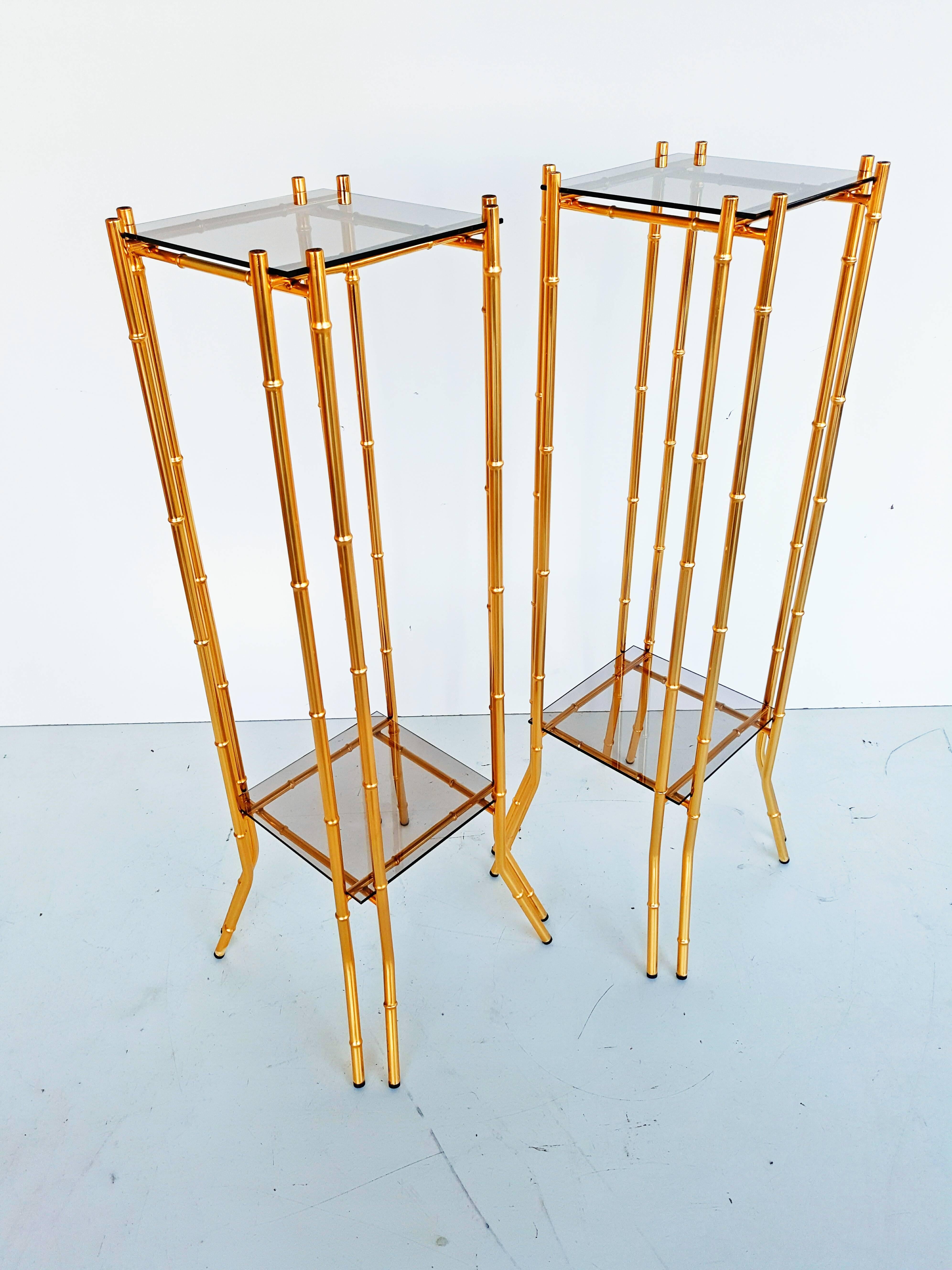 French Pair of Faux Bamboo Brass End Tables, circa 1960
