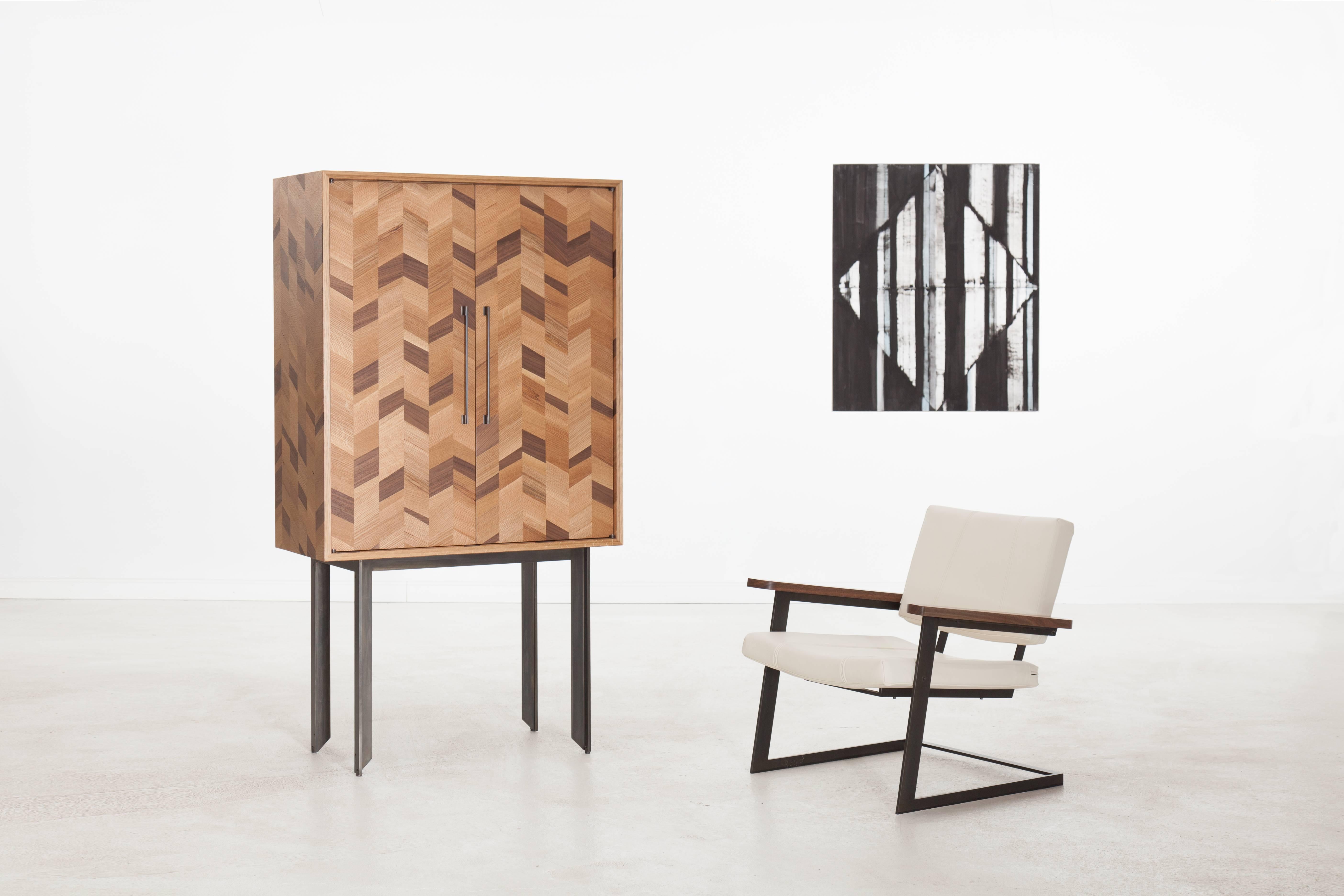 Pairing patterned woodwork with brass accents, the Dorothy Dry Bar is sharply complex and perfectly iconic. Made for the modern cocktail hour. Available in a variety of American hardwoods with studio-machined hardware. The Dorothy Dry Bar is made to