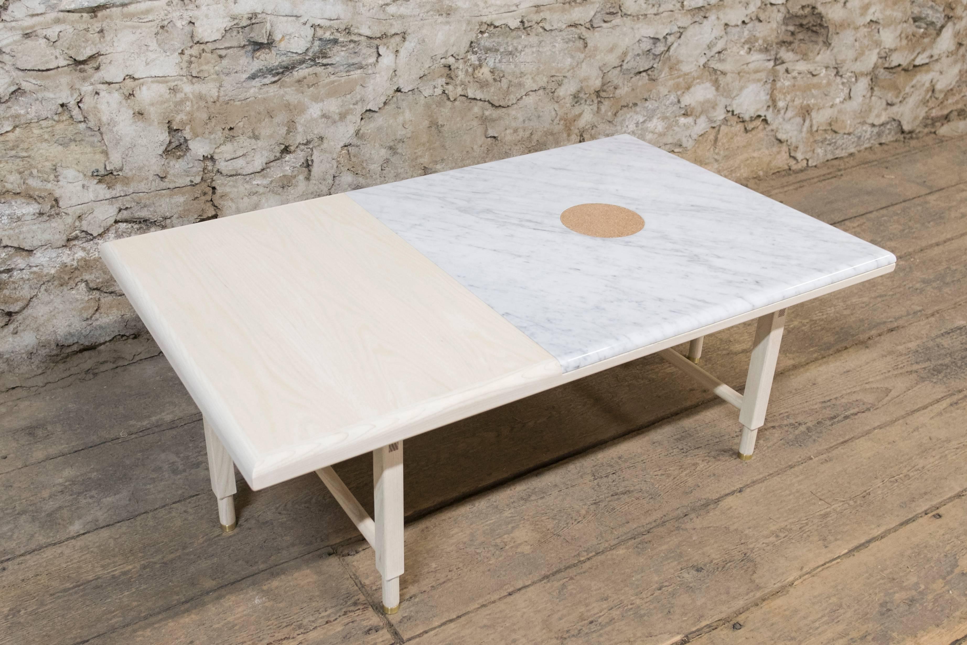 As Shown:
Bleached ash veneer with solid ash, marble and inset cork.
Flat waterborne finish.
Dimensions: 15.5” H x 46” W x 28” D.
Custom sizing available.
Offered in a variety of woods and finishes.