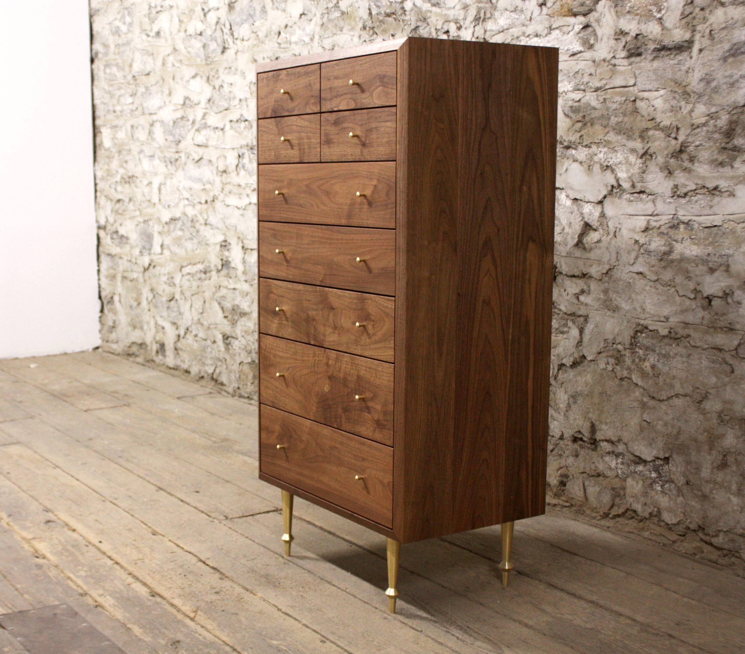 As shown:
Solid walnut with custom turned brass legs.
Solid poplar drawers with turned brass drawer pulls.
Fabric drawer linings upon request for an additional fee.
Oil and wax finish.
Dimensions: 52” H x 26” W x 18” D.
Custom sizing,