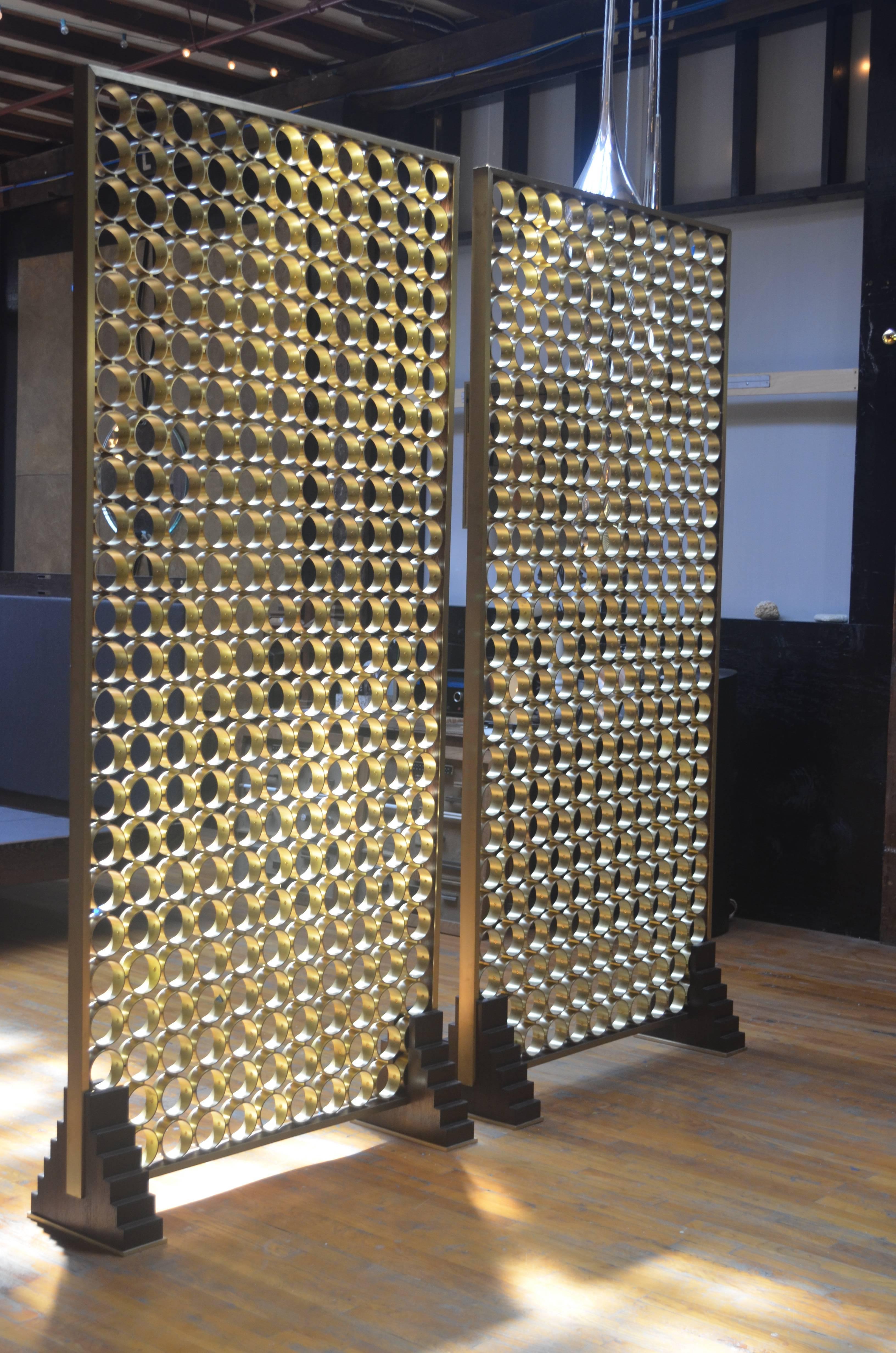 Modern Freestanding Circulum Screen Hand-Fastened with Brass Rings & Wenge & Brass Feet For Sale