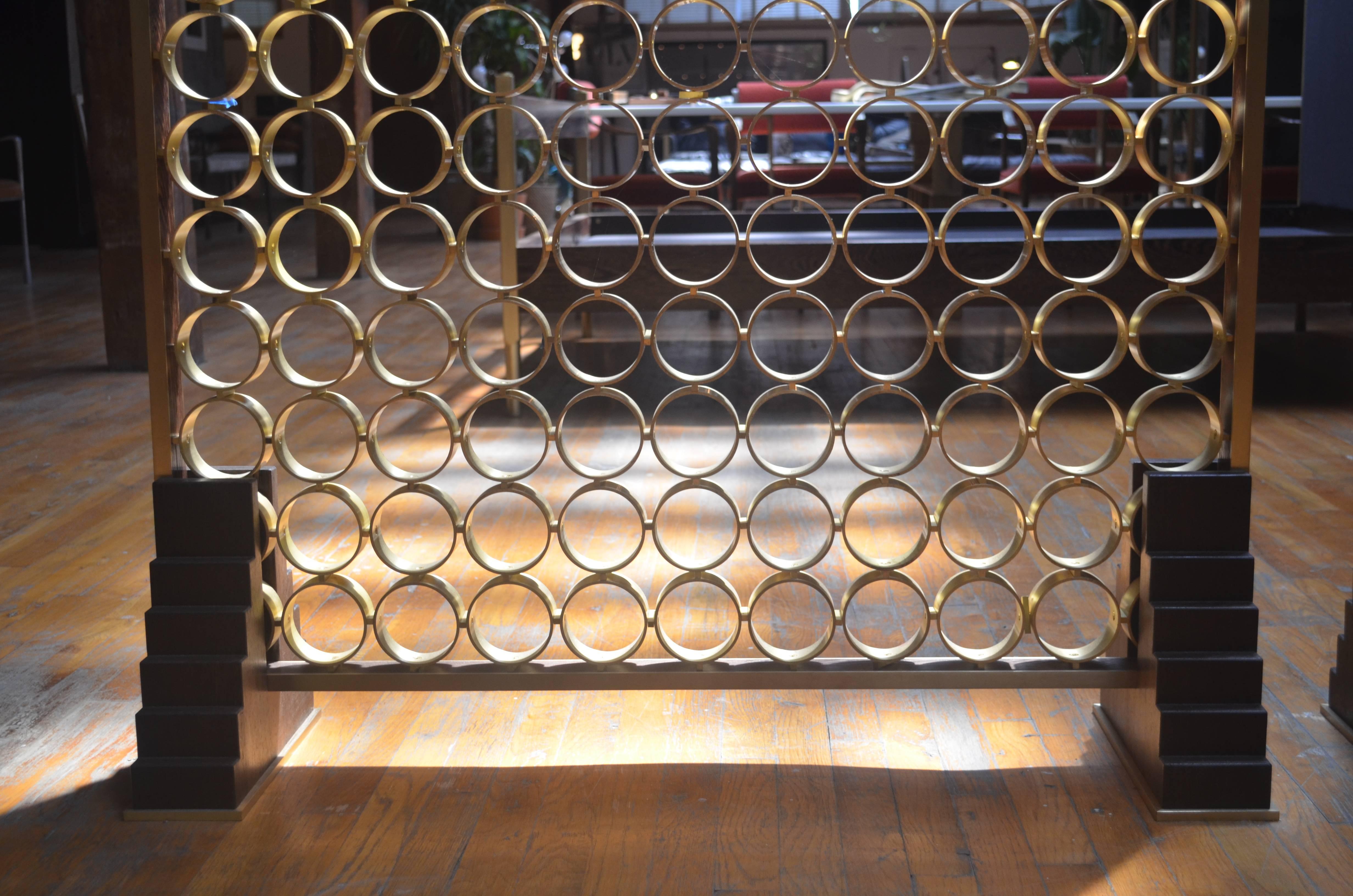 Metalwork Freestanding Circulum Screen Hand-Fastened with Brass Rings & Wenge & Brass Feet For Sale