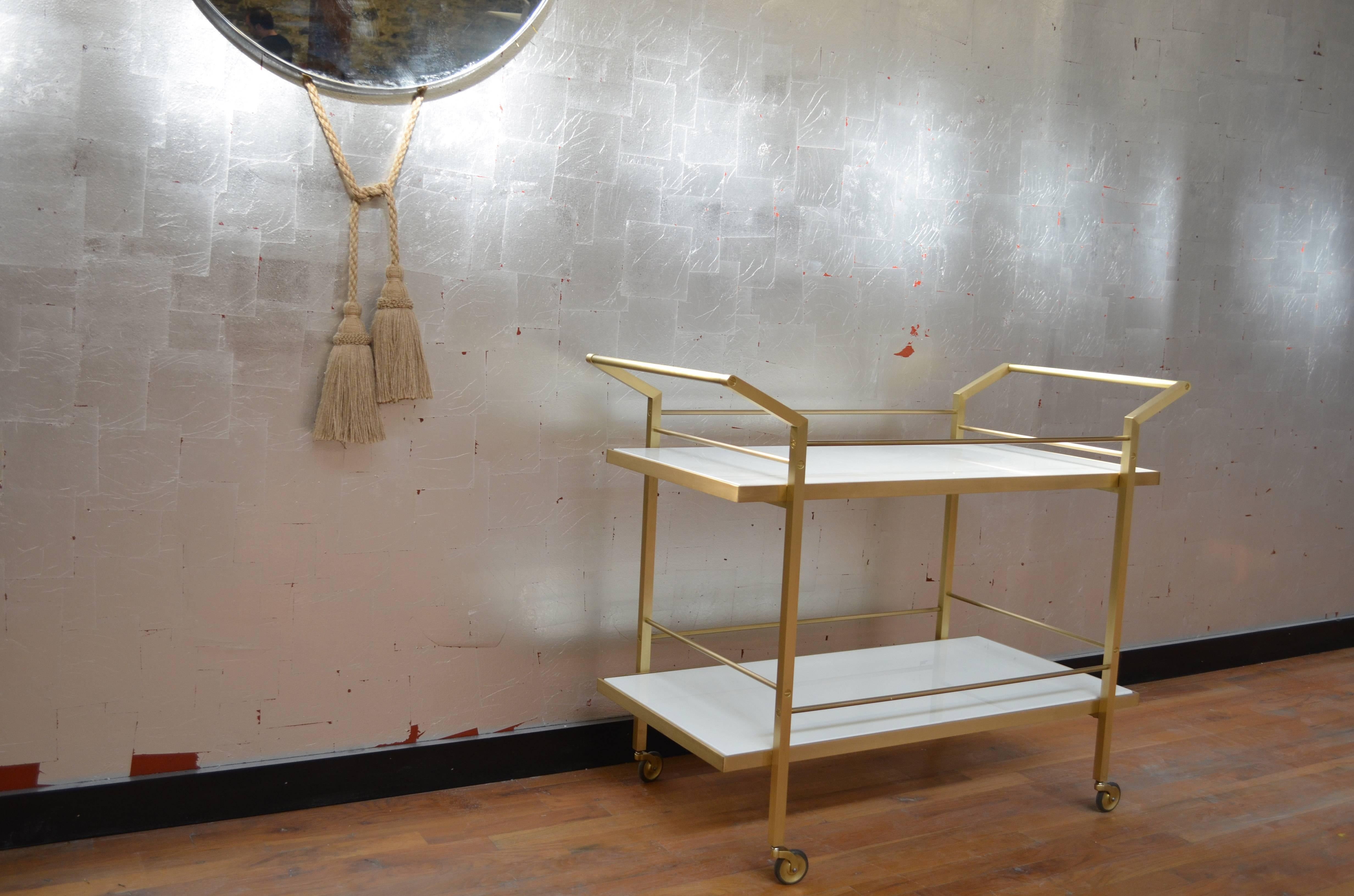American Modern Style Kent Bar Cart with Brass and Steel Construction Custom Details For Sale