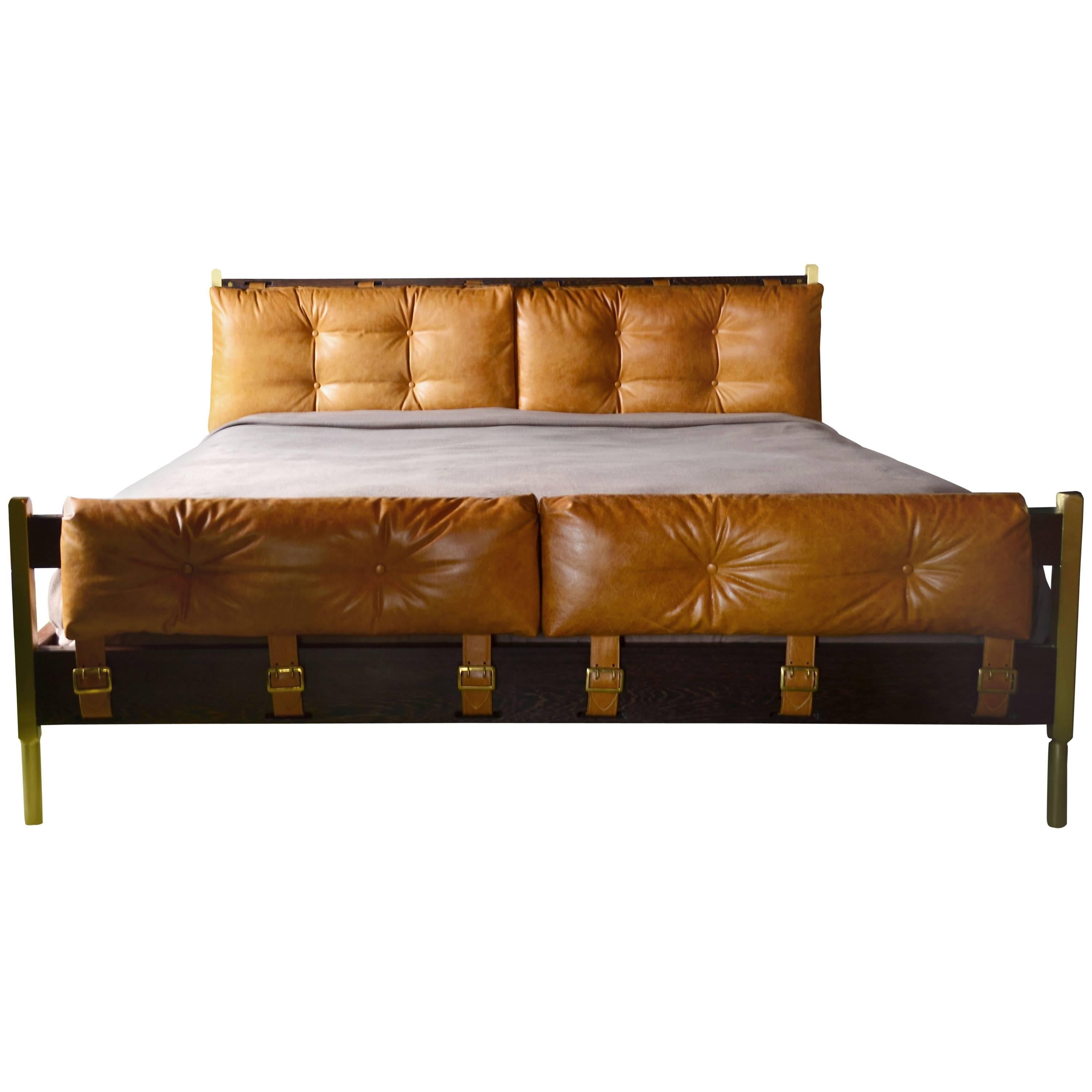 Brazilian Mid-Century Modern Inspired Campanha Bed with Brass and Leather Detail For Sale