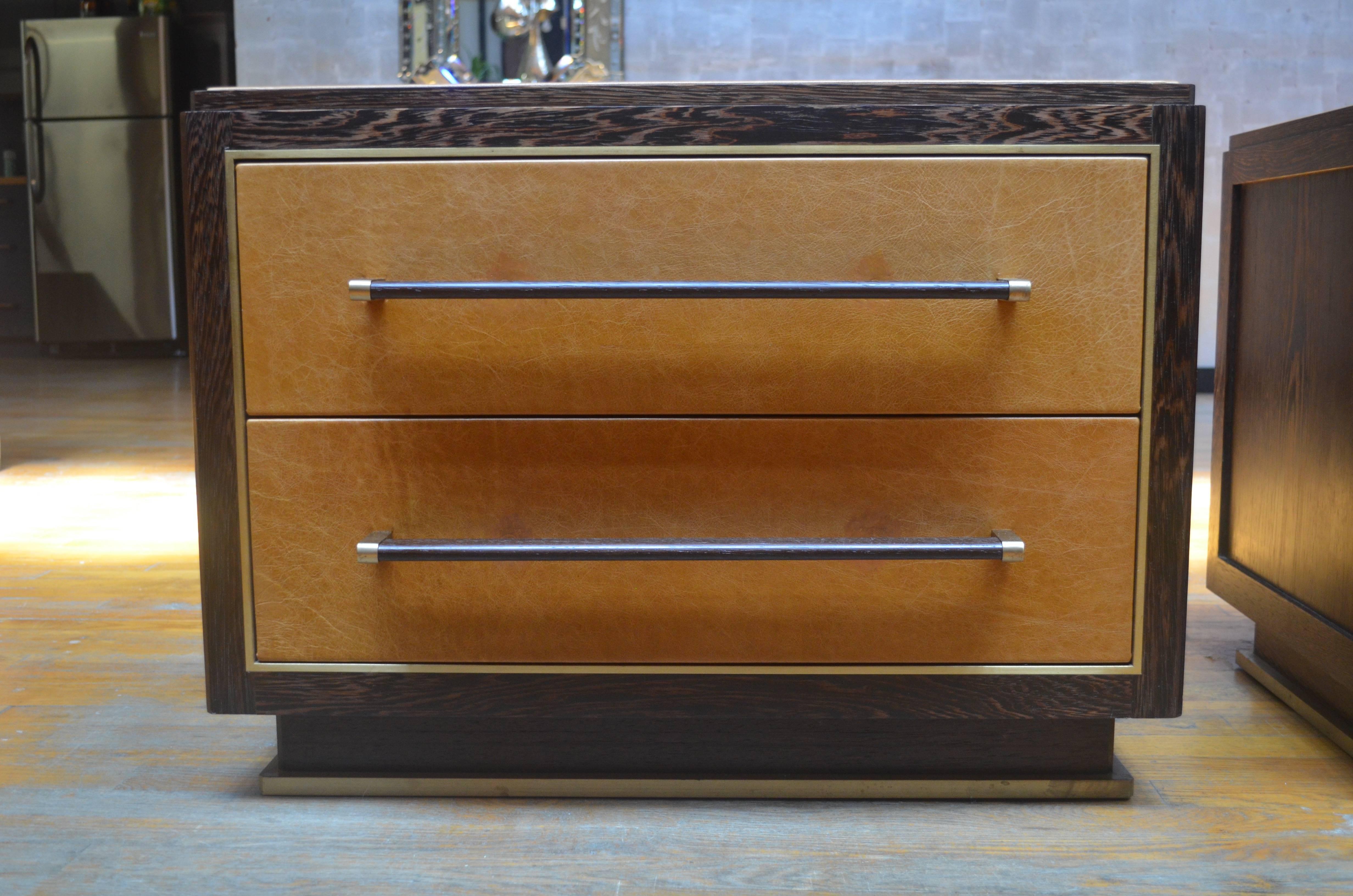 Brushed Abuelo Pedestal Nightstand in Oiled & Waxed Wenge with Leather and Brass Detail For Sale