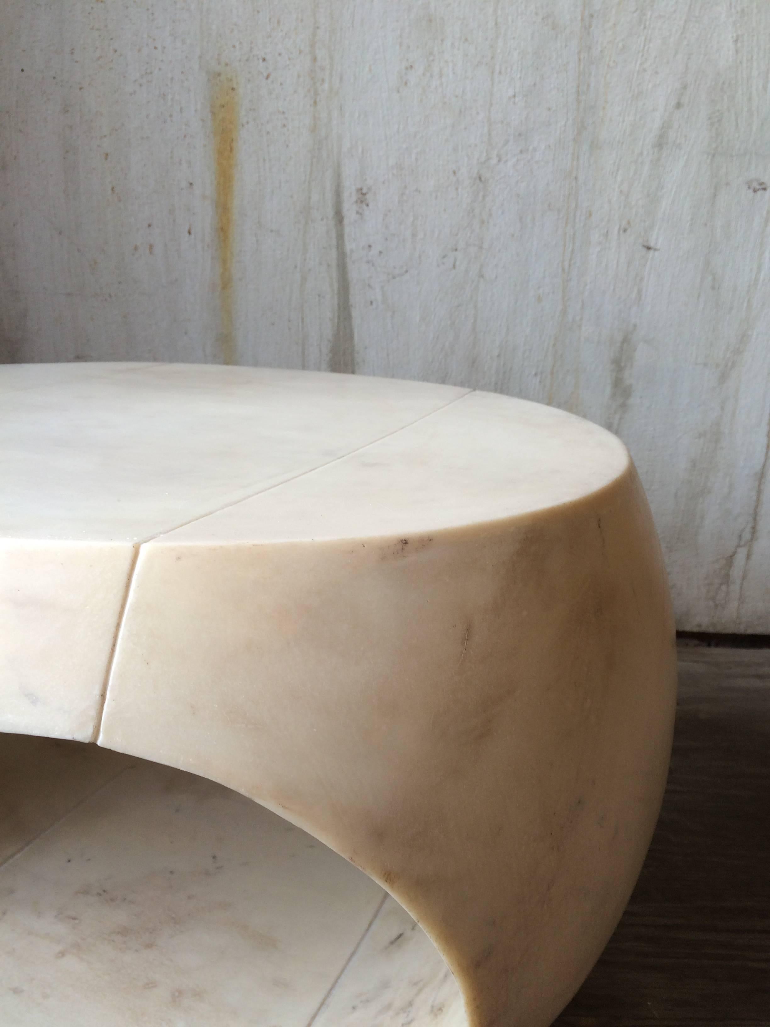 Art Deco Cream-Colored Cast Resin Drum Table with Distressed Parchment Surface For Sale