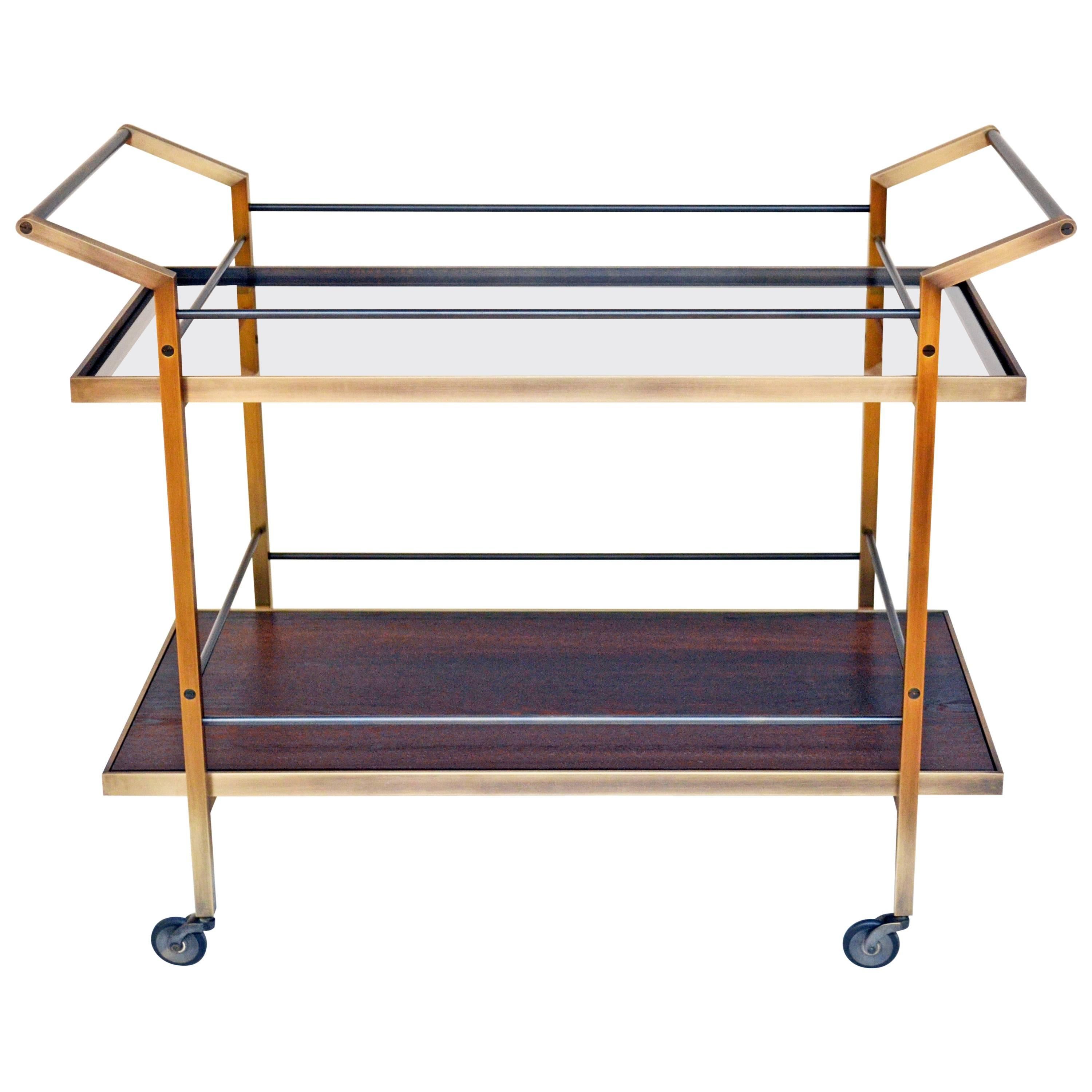 Mid-Century Modern Kent Bar Cart with Brass and Steel Construction For Sale