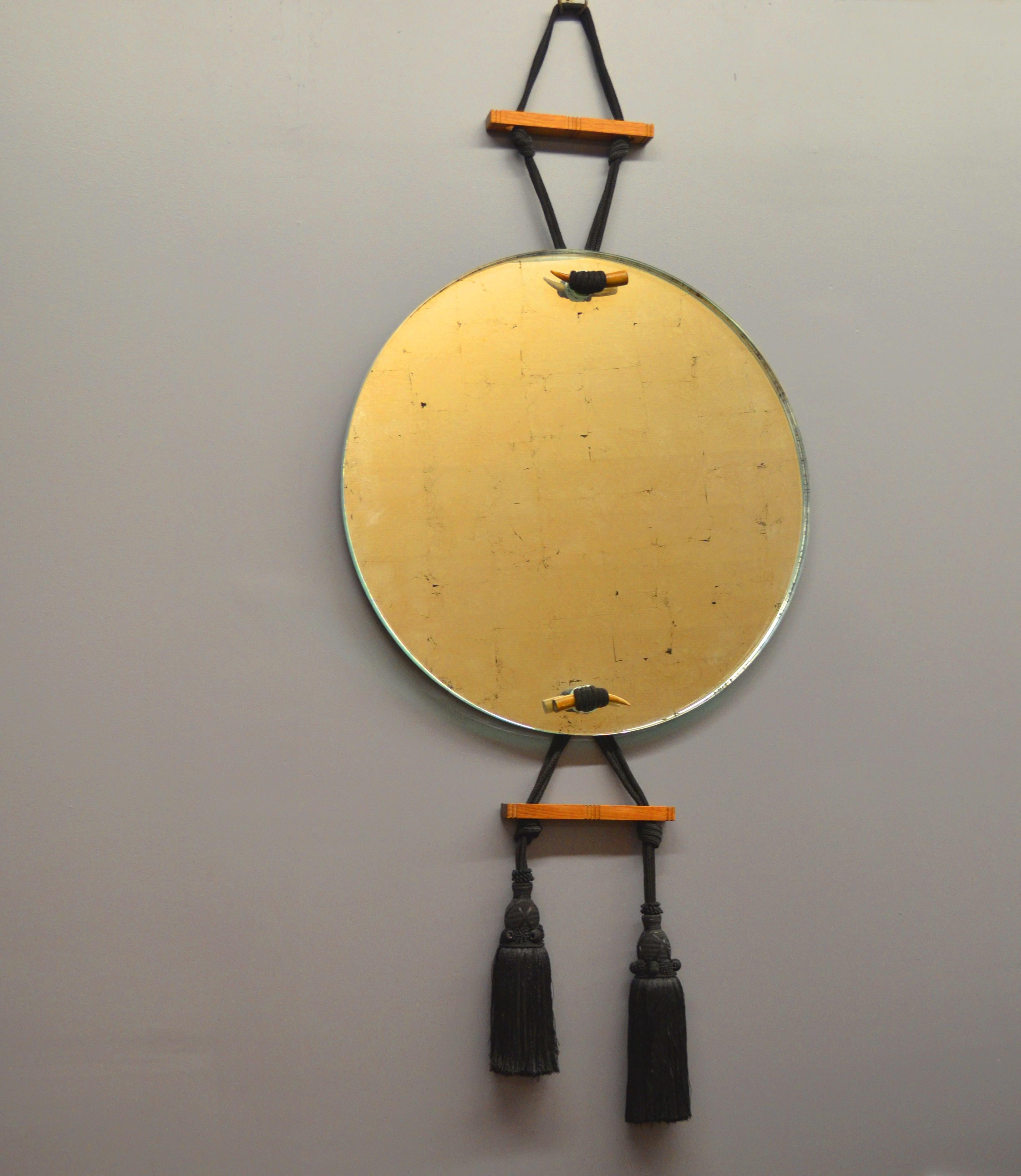 Art Deco Carlo Mirror Eglomise with Horn and Tassel Detail In New Condition For Sale In Brooklyn, NY
