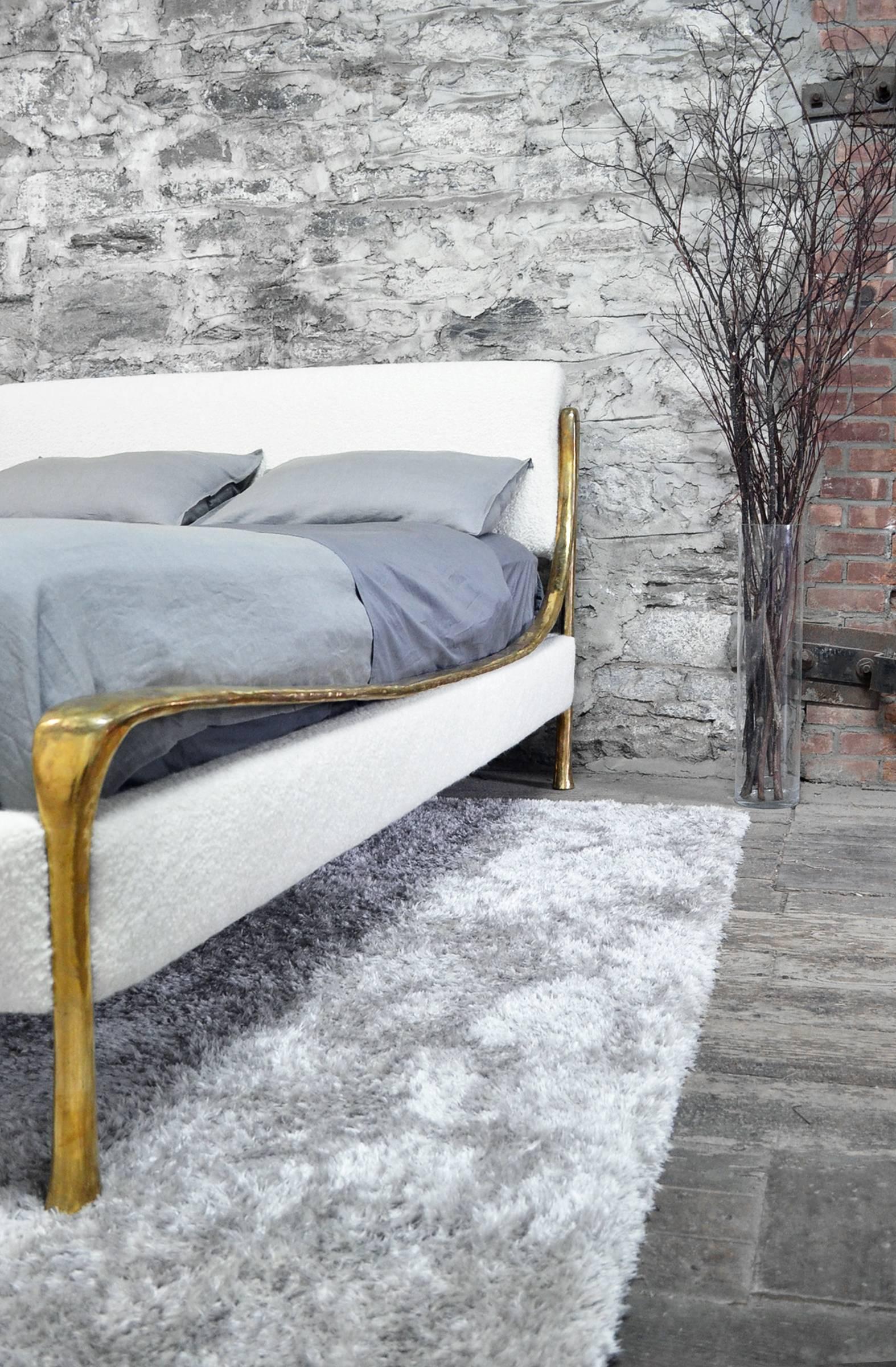 Contemporary Giac Bed w/ Hand-Carved & Cast Bronze Frame & Upholstered Detail In New Condition For Sale In Brooklyn, NY