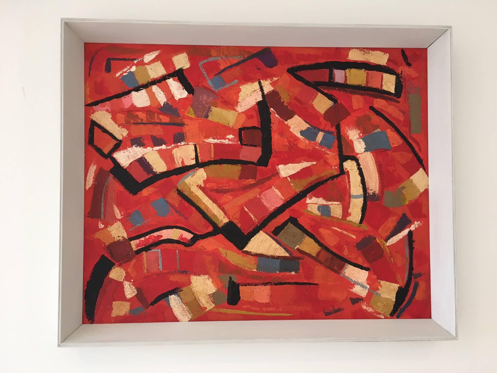 A bold and vibrant late century English abstract oil painting on board. The painting is unsigned and is in its original white painted wood frame. It is a striking piece with thick and interesting geometric brushstrokes and a strong color palette of