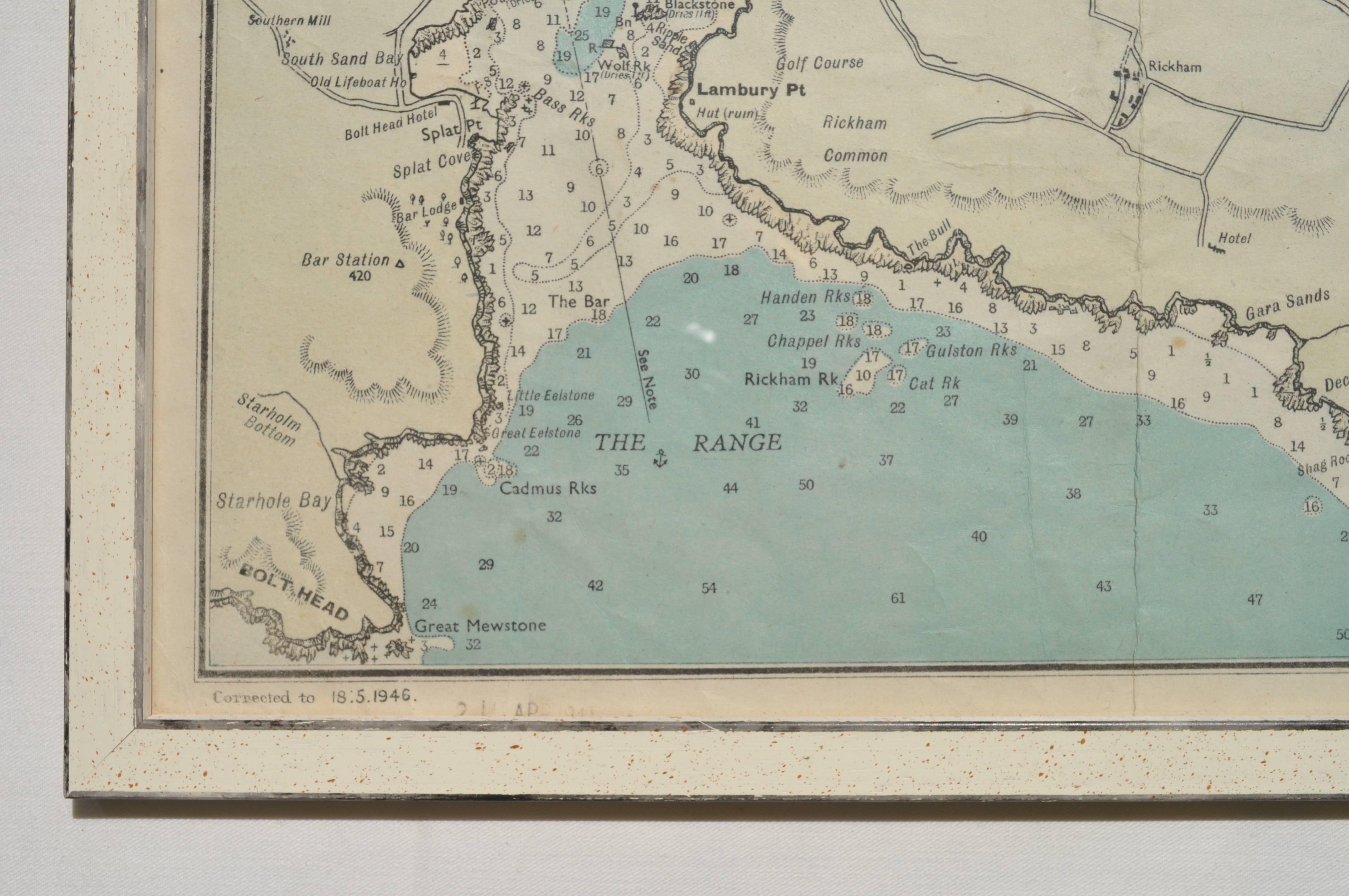 Mid-Century Modern Framed Map of Salcombe River, South Devon Published in 1946 For Sale