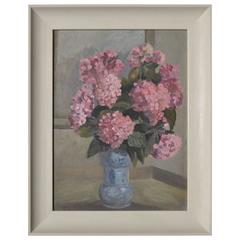 Vintage Mid-Century English Floral Still Life Oil Painting of Pink Hydrangeas