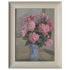 Mid-Century English Floral Still Life Oil Painting of Pink Hydrangeas
