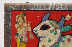 Vintage 1920s Beaded Reverse Glass Painting of a Sheep