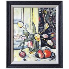 Vintage Scottish Still Life Oil Painting of Tulips and Peaches