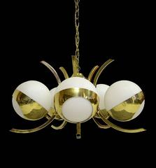 1970s Five-Light Stilnovo Brass Chandelier with Glass Globes