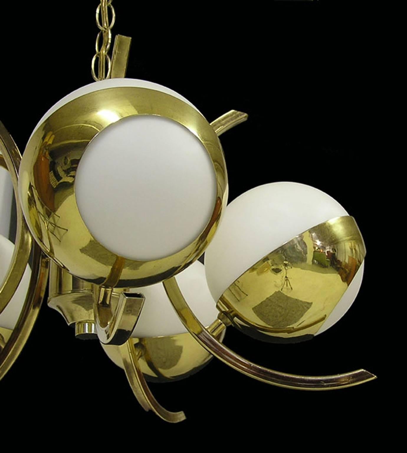 Italian 1970s Five-Light Stilnovo Brass Chandelier with Glass Globes For Sale