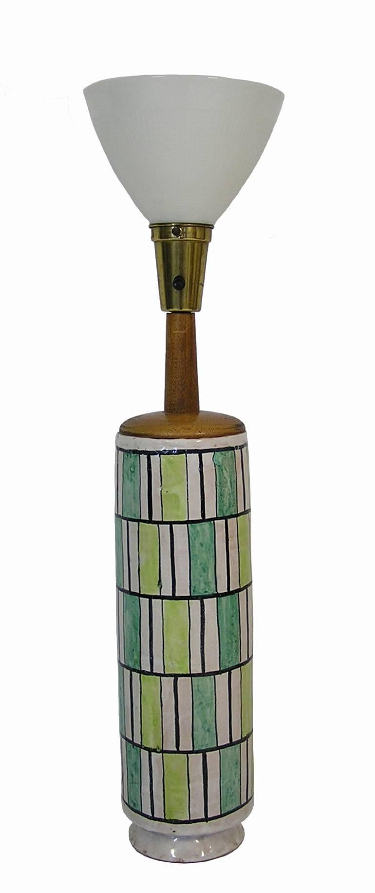 A gorgeous pair of Italian ceramic earthenware table lamps designed by Raymor of Italy, circa 1950s. These lamps are large and impressive, real stunners. Each features a two tone green color palette framed with black borders, a three way switch and