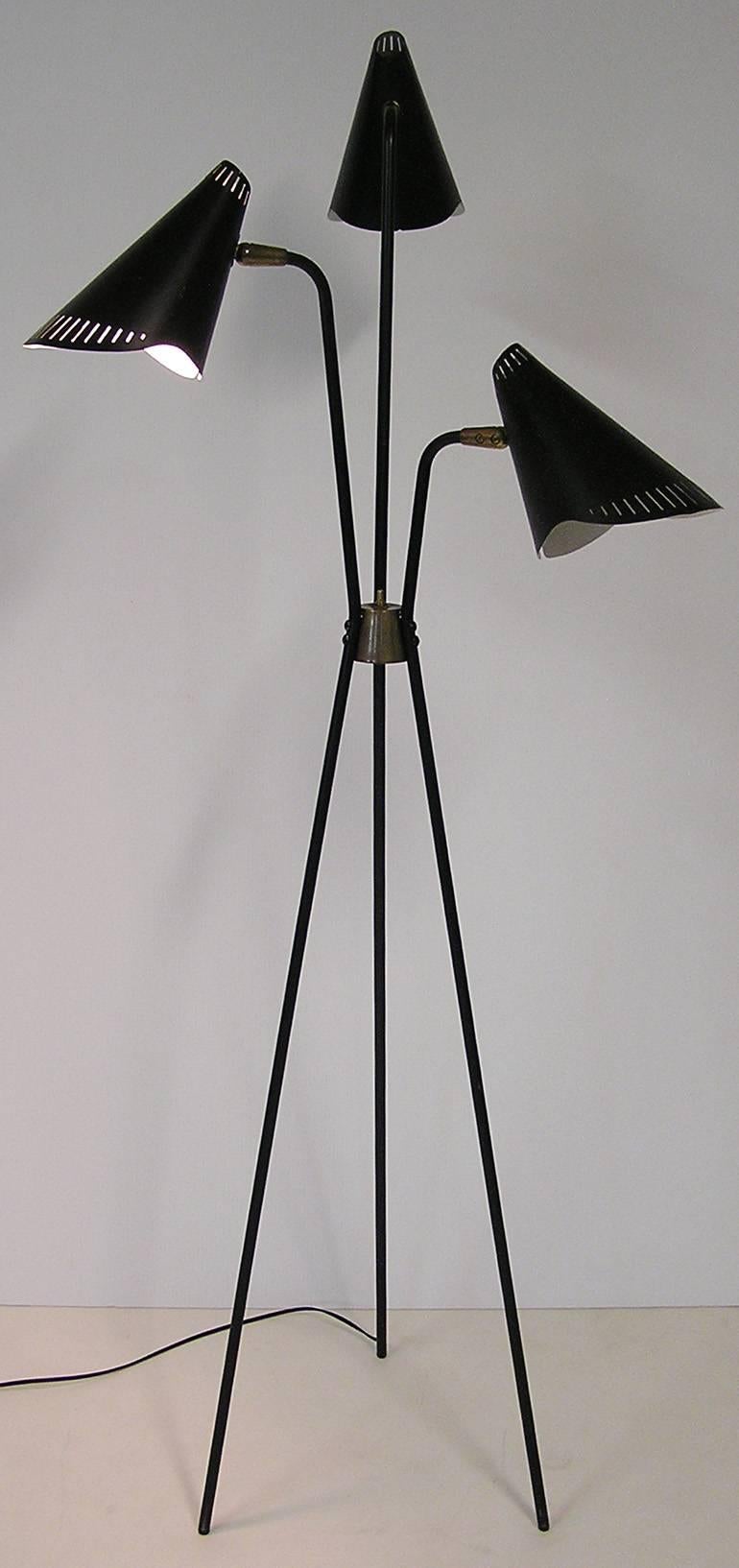 Mid-20th Century Rare 1950s Gerald Thurston Black Tripod-Leg Floor Lamp by Lightolier For Sale