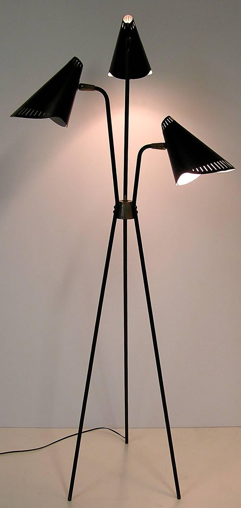 Metal Rare 1950s Gerald Thurston Black Tripod-Leg Floor Lamp by Lightolier For Sale