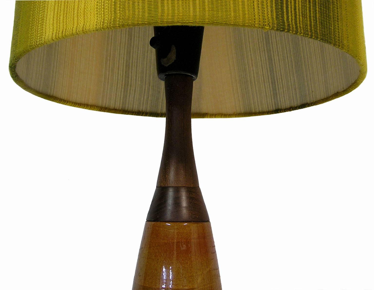 1960s Hand-Painted Ceramic & Teak Table Lamp In Excellent Condition In Winnipeg, Manitoba