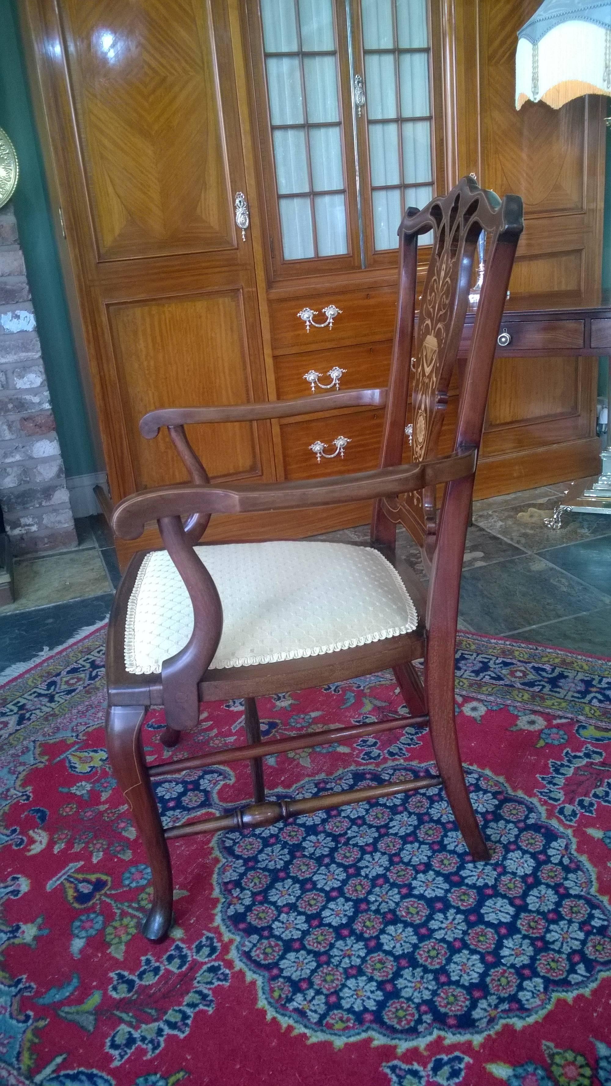 Upholstery Edwardian Mahogany and Satinwood Inlaid Armchair For Sale