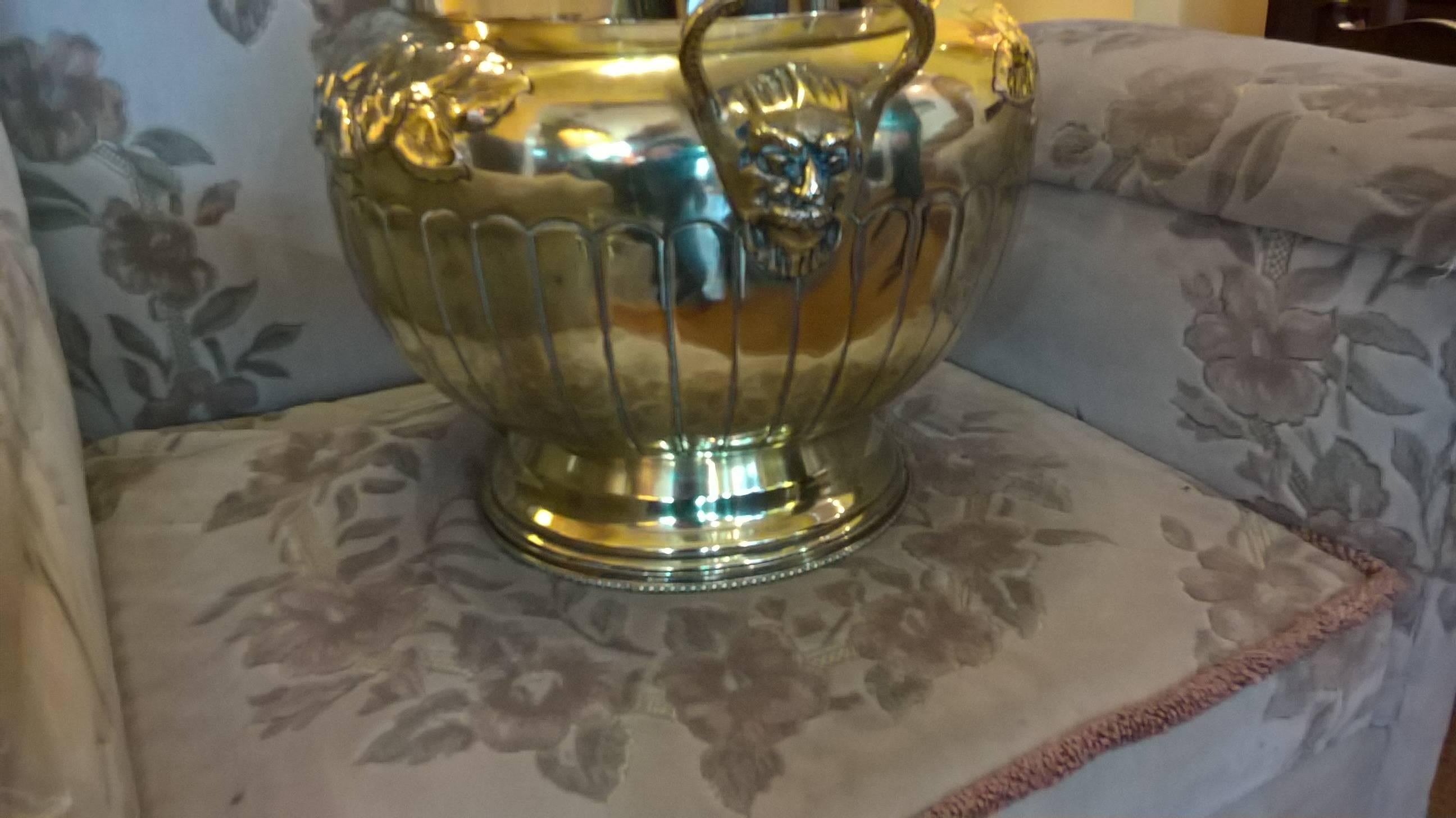 A large late Victorian brass jardinière/planter with floral decoration and druid head handles
16