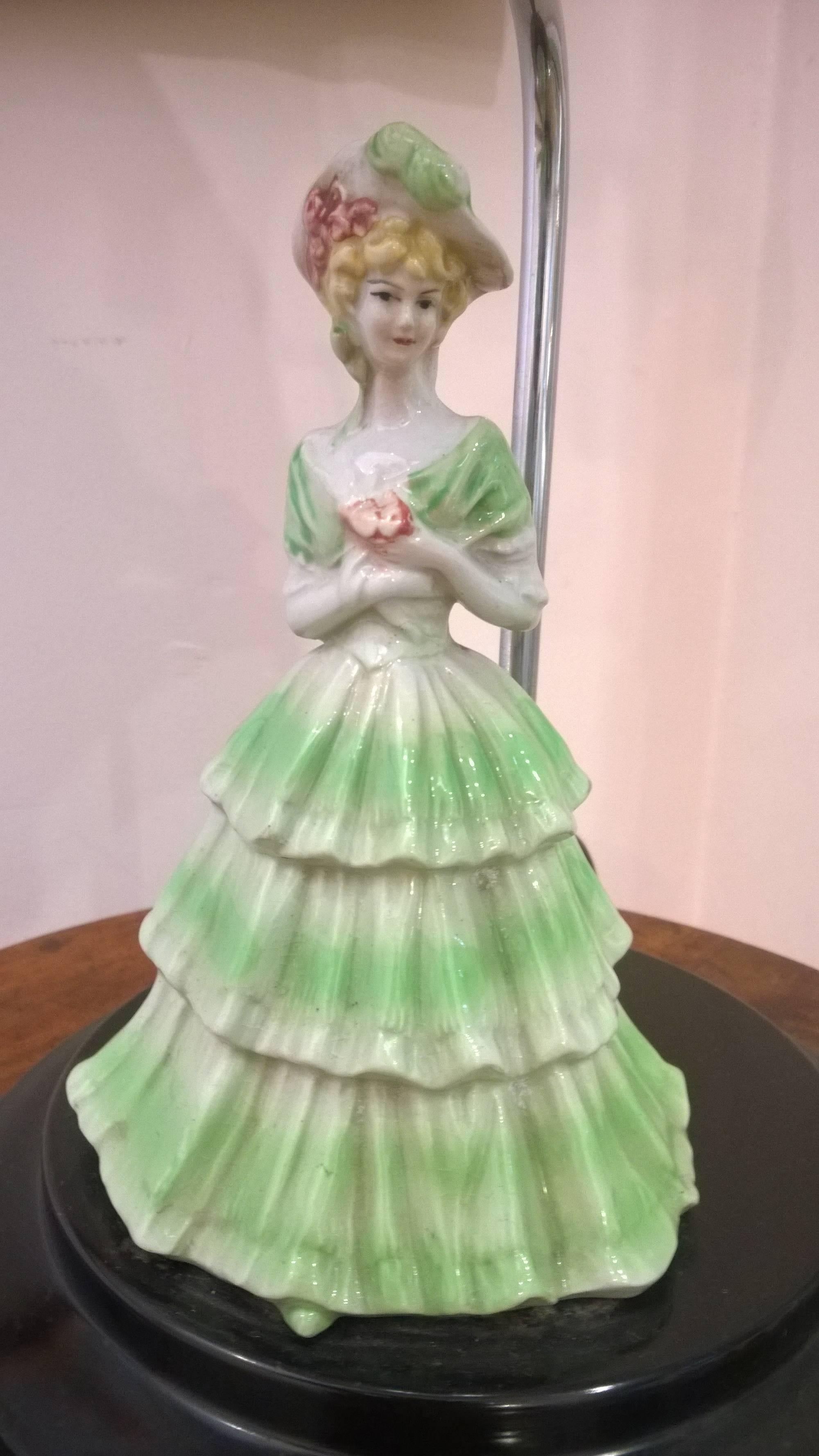 Art Deco table light with Porcelain figurine of a lady, circa 1930. The lampshades are newly handmade silks by the same maker as provides the shades for Downton Abbey. All lights and lamps have been rewired with authentic flex and are Pat tested.