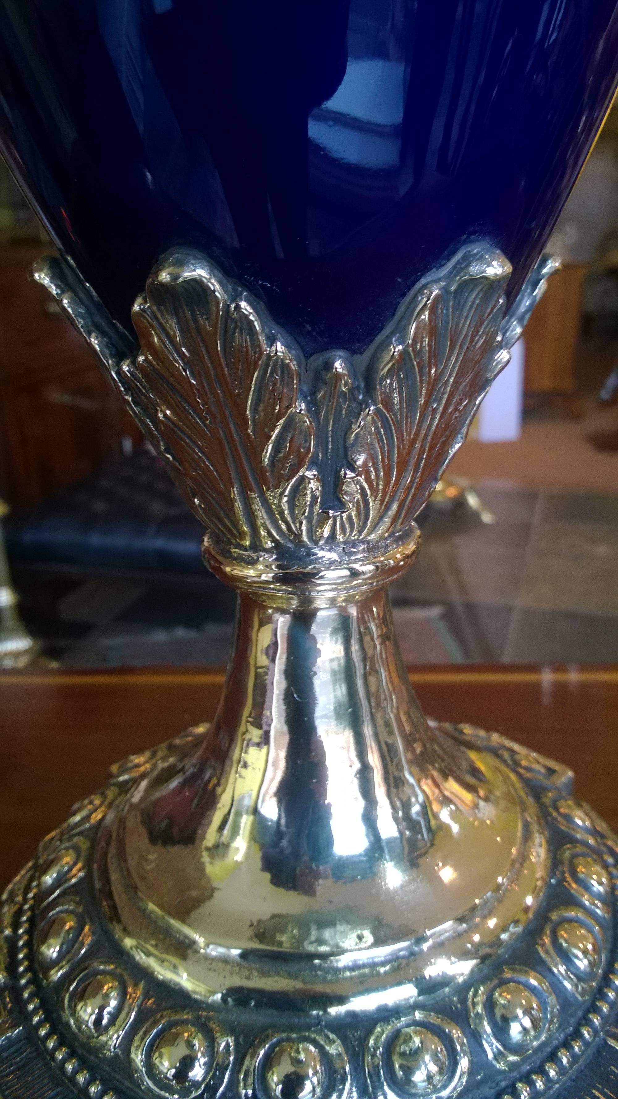 Adam Style Pair of Edwardian Blue Glazed Pottery Lamps