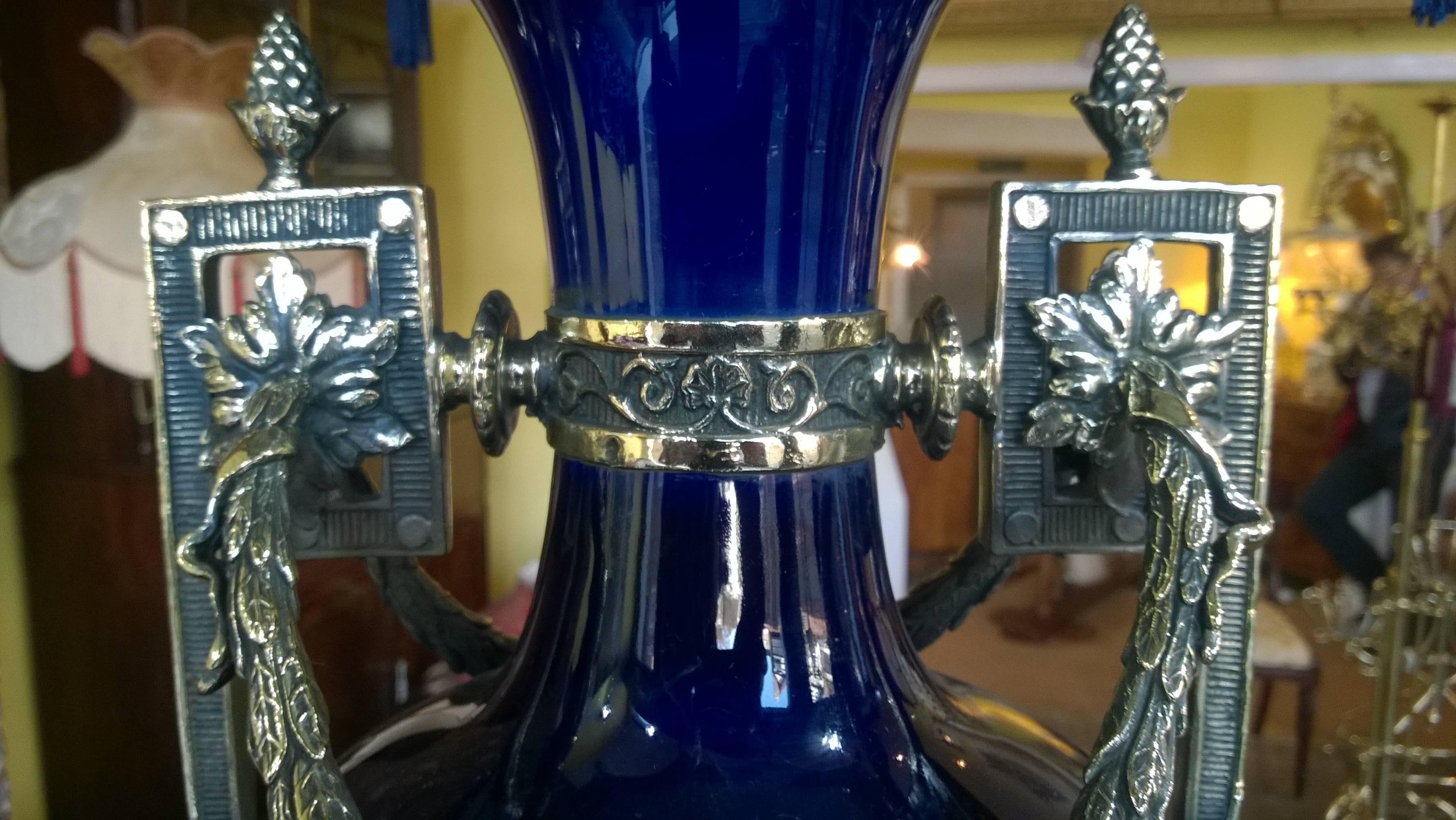 Brass Pair of Edwardian Blue Glazed Pottery Lamps