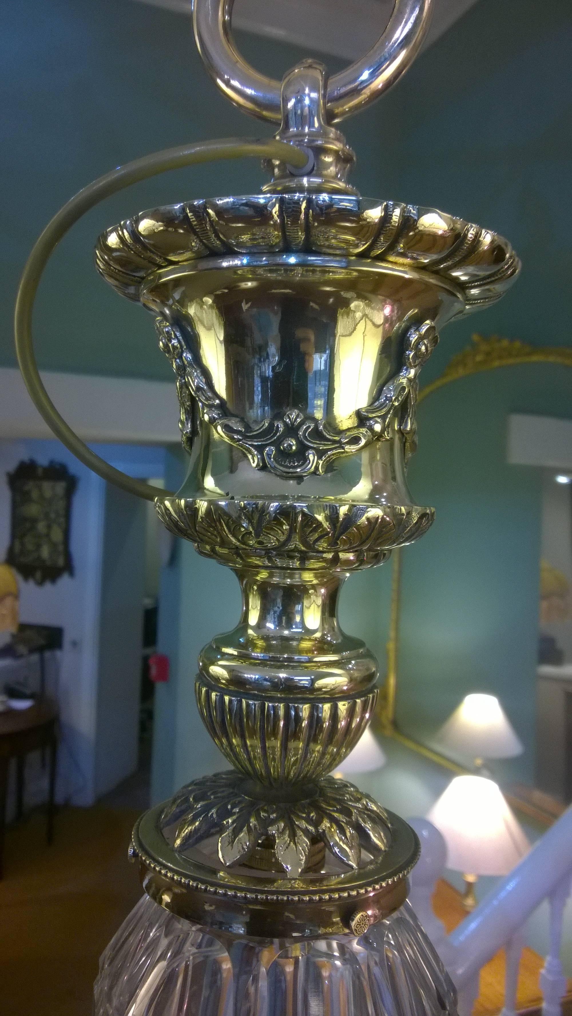 Early 20th century brass lantern the light enclosed in cut-glass shade, all lights and lamps have been rewired with authentic corded flex, fitted with either foot switch or finger clicker switch and are Pat tested. Measures: 5