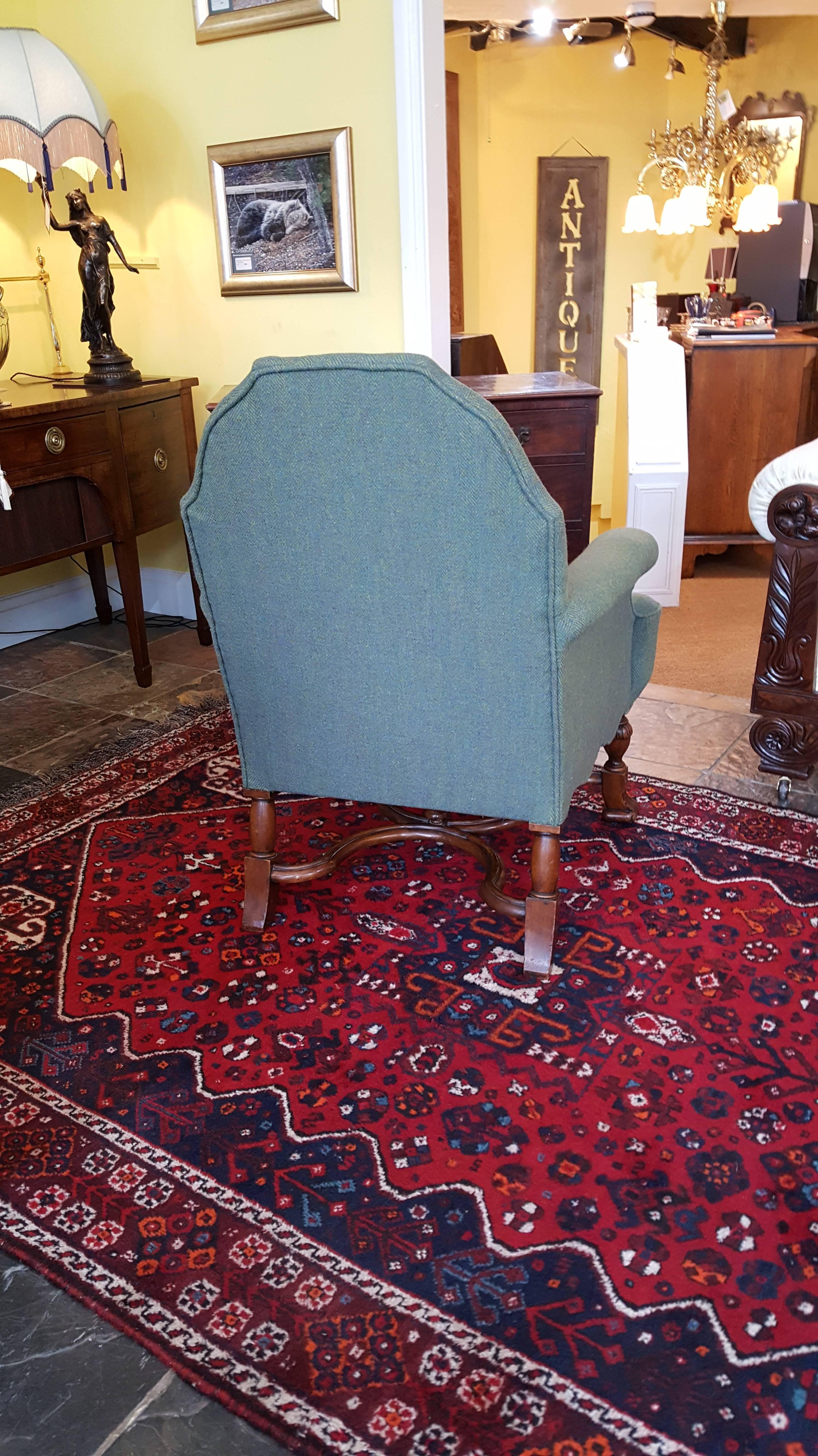 English Edwardian Mahogany Armchair Upholstered in Harris Tweed