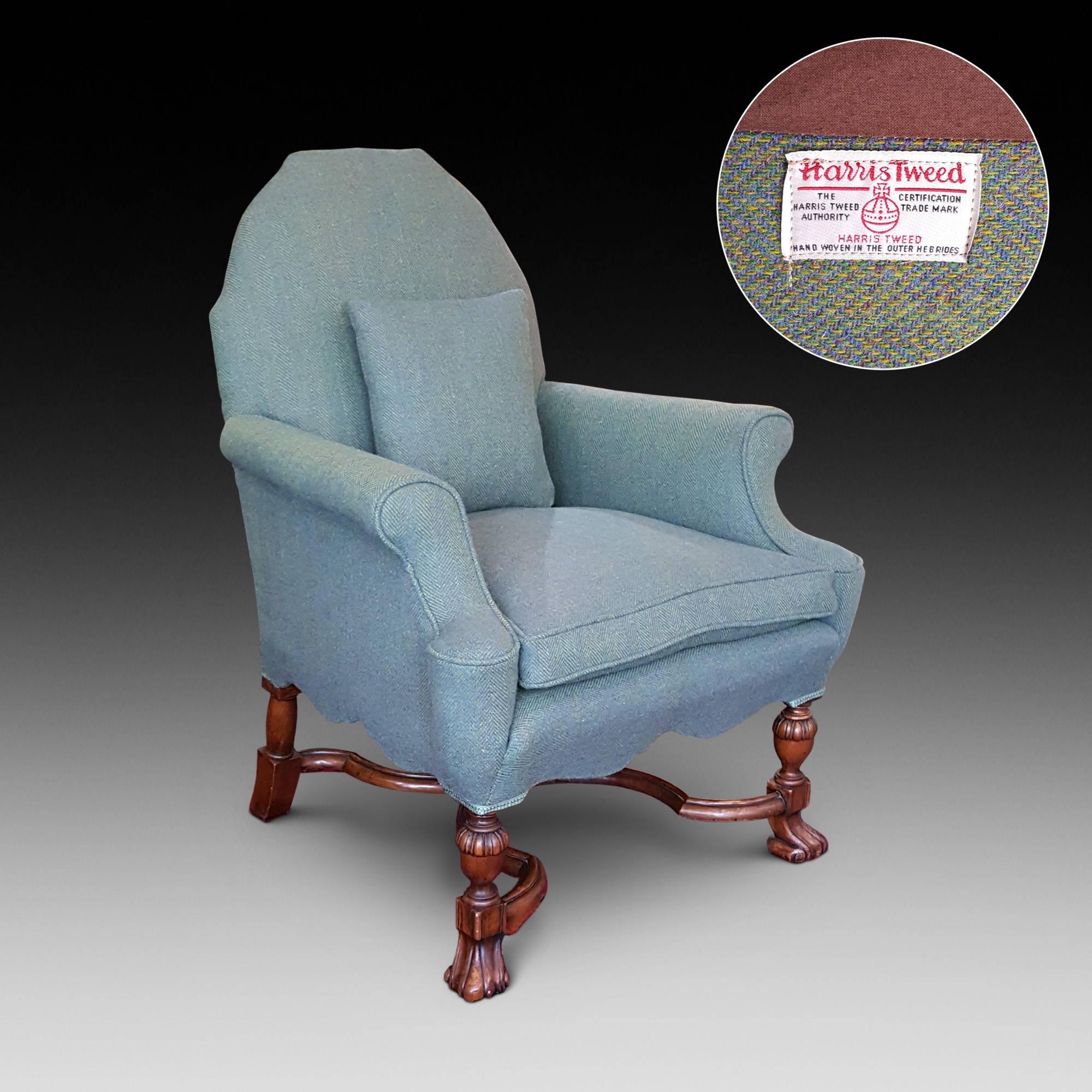 Edwardian mahogany armchair in the Jacobean style upholstered in Harris Tweed
Measure: 31