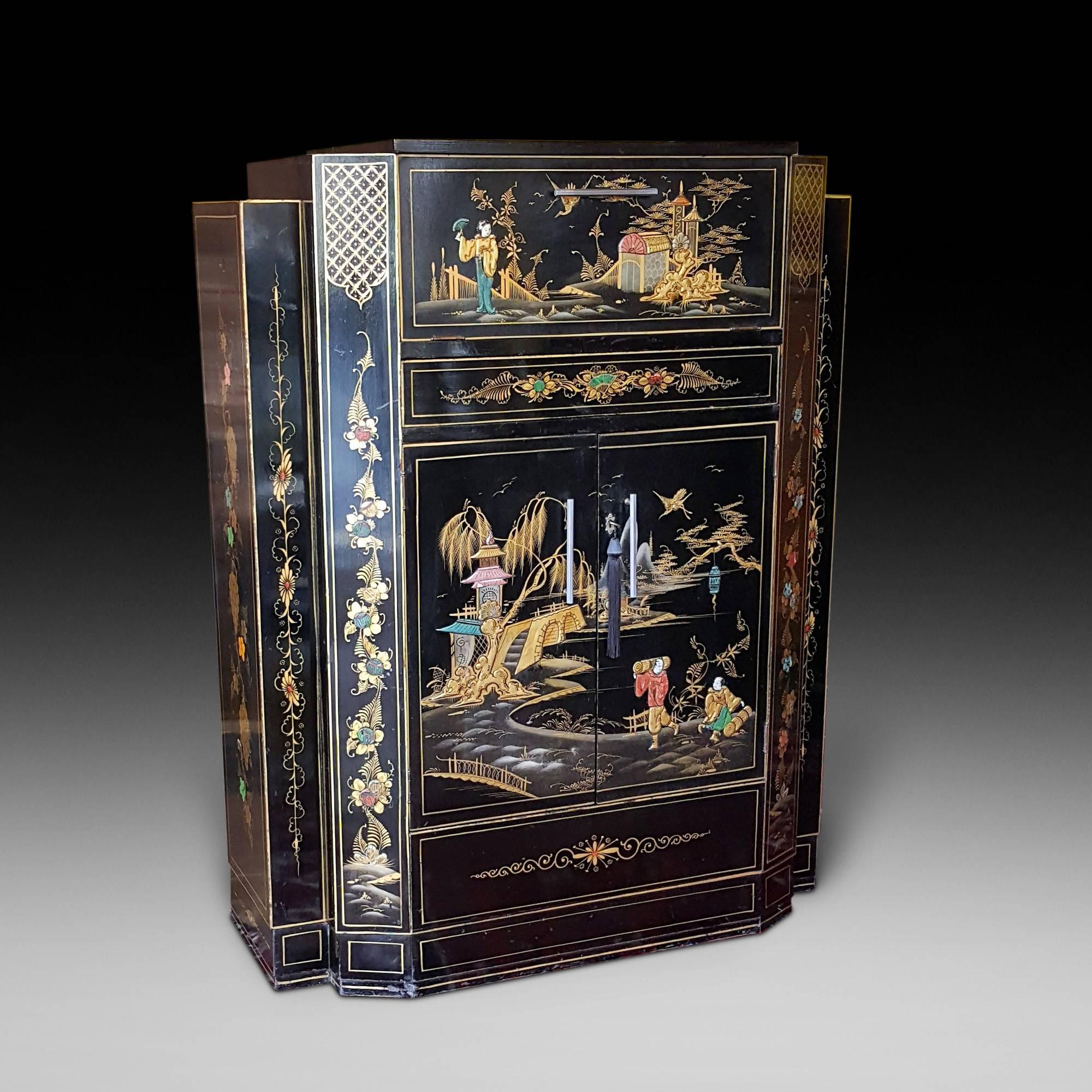 1920's Chinoiserie lacquered drinks cabinet with fitted cupboard, secret drawer and cocktail cabinet fitted with shaker, decanters, sticks, squeezer and cut glasses and tumblers - retailed by Gooch of Brompton Road, South Kensington, London - fully