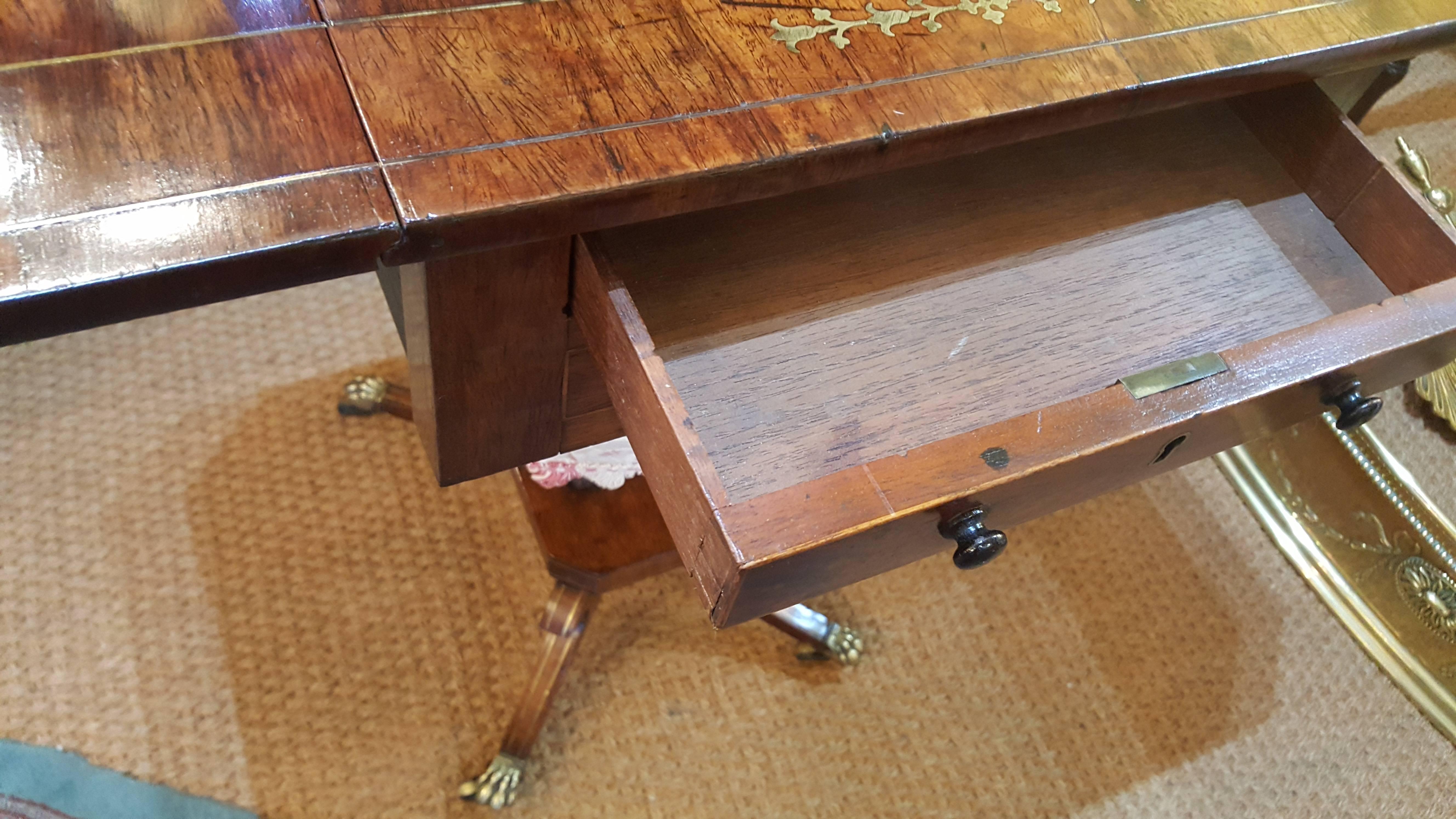 Regency Rosewood and Brass Inlaid Pemroke Work Table In Good Condition In Altrincham, Cheshire