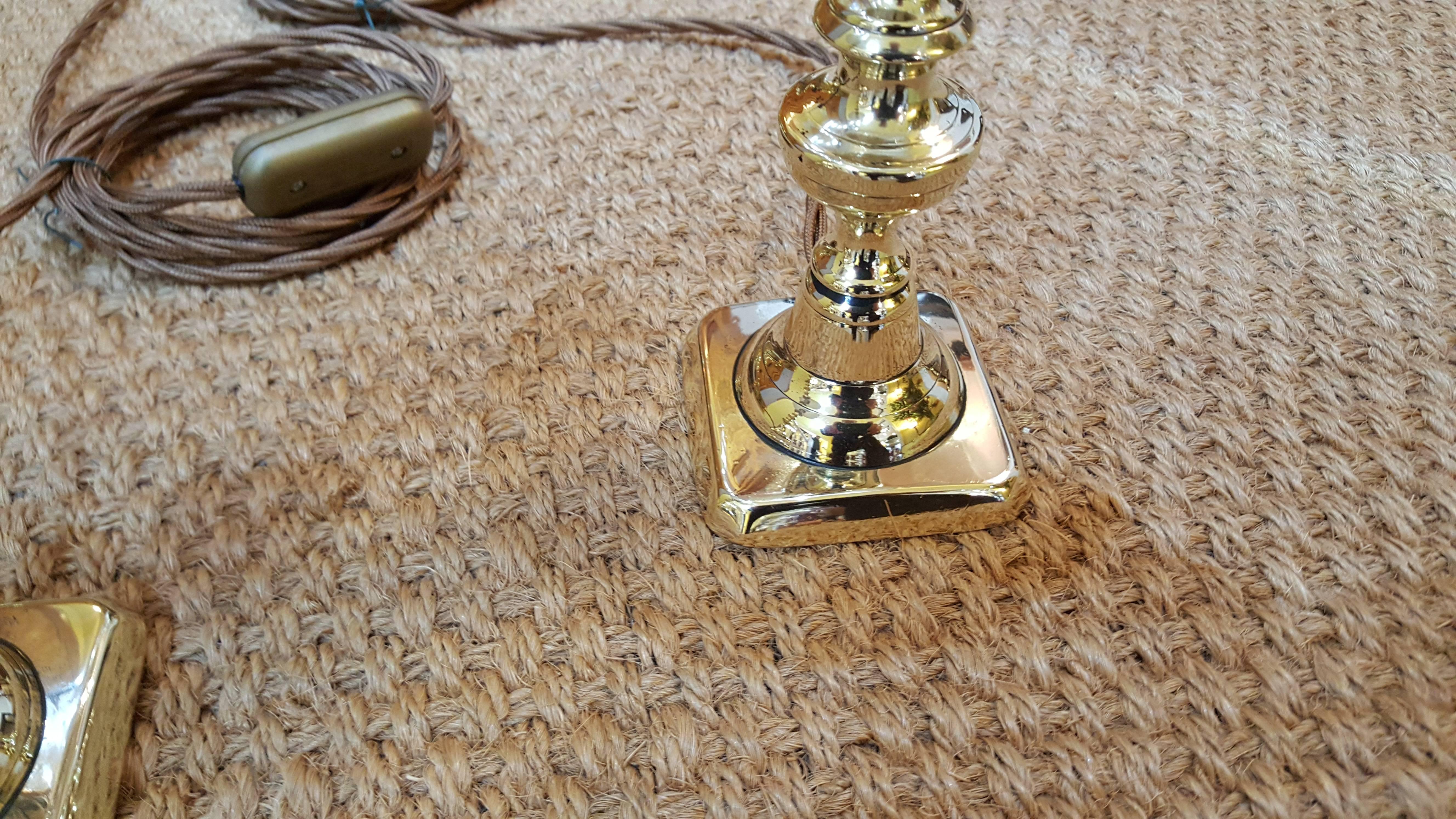 Pair of Edwardian brass candlesticks converted to electric table lights - all lights and lamps have been rewired with authentic corded flex, fitted with either foot switch or finger clicker switch and are Pat tested -
Measure: 6