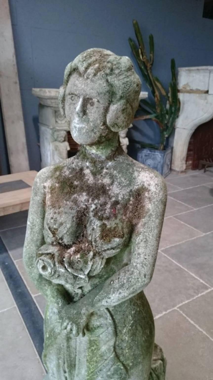 Carved Lady with Flowers Antique Statue For Sale