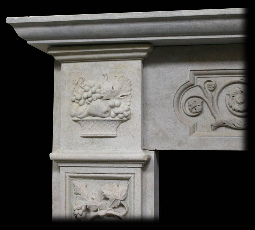 19th century antique early Victorian composition stone fireplace surround decorated with floral carvings to the legs and frieze, circa 1840.
Measures: Shelf 60" wide x 7"deep.
Height 49.5".
Aperture 35.5" wide x 38" high.