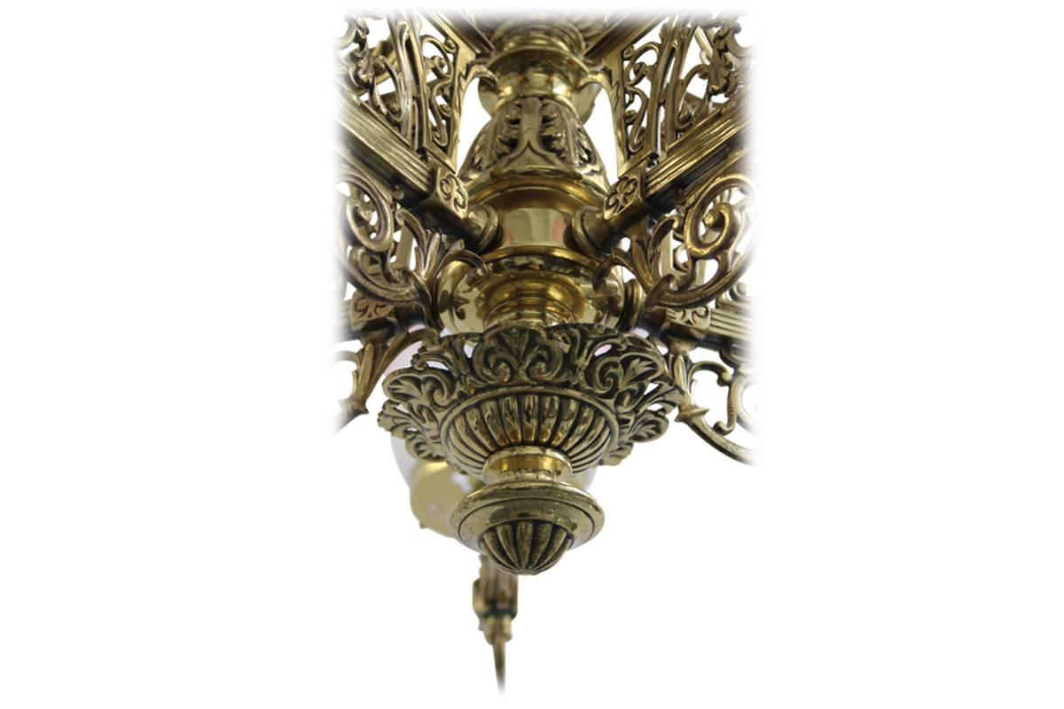 Ornate Antique 19th Century Five Branch Brass Chandelier 2
