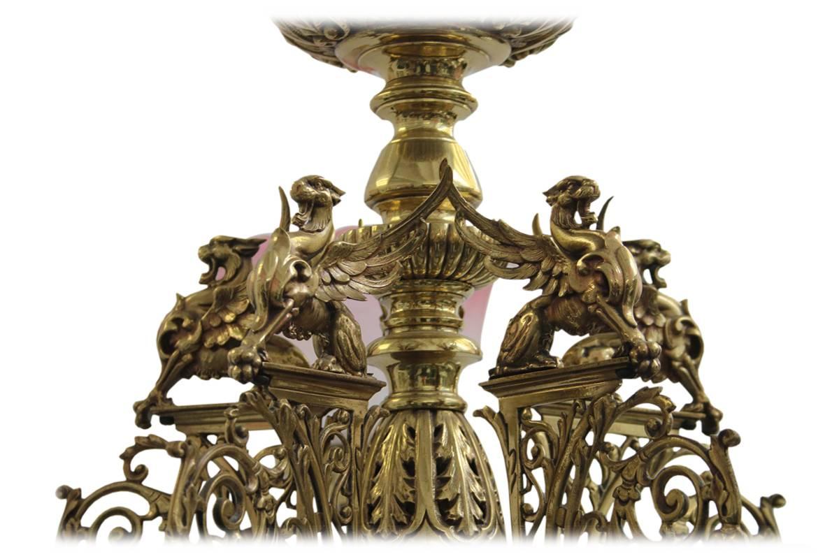 Ornate Antique 19th Century Five Branch Brass Chandelier In Excellent Condition In Manchester, GB