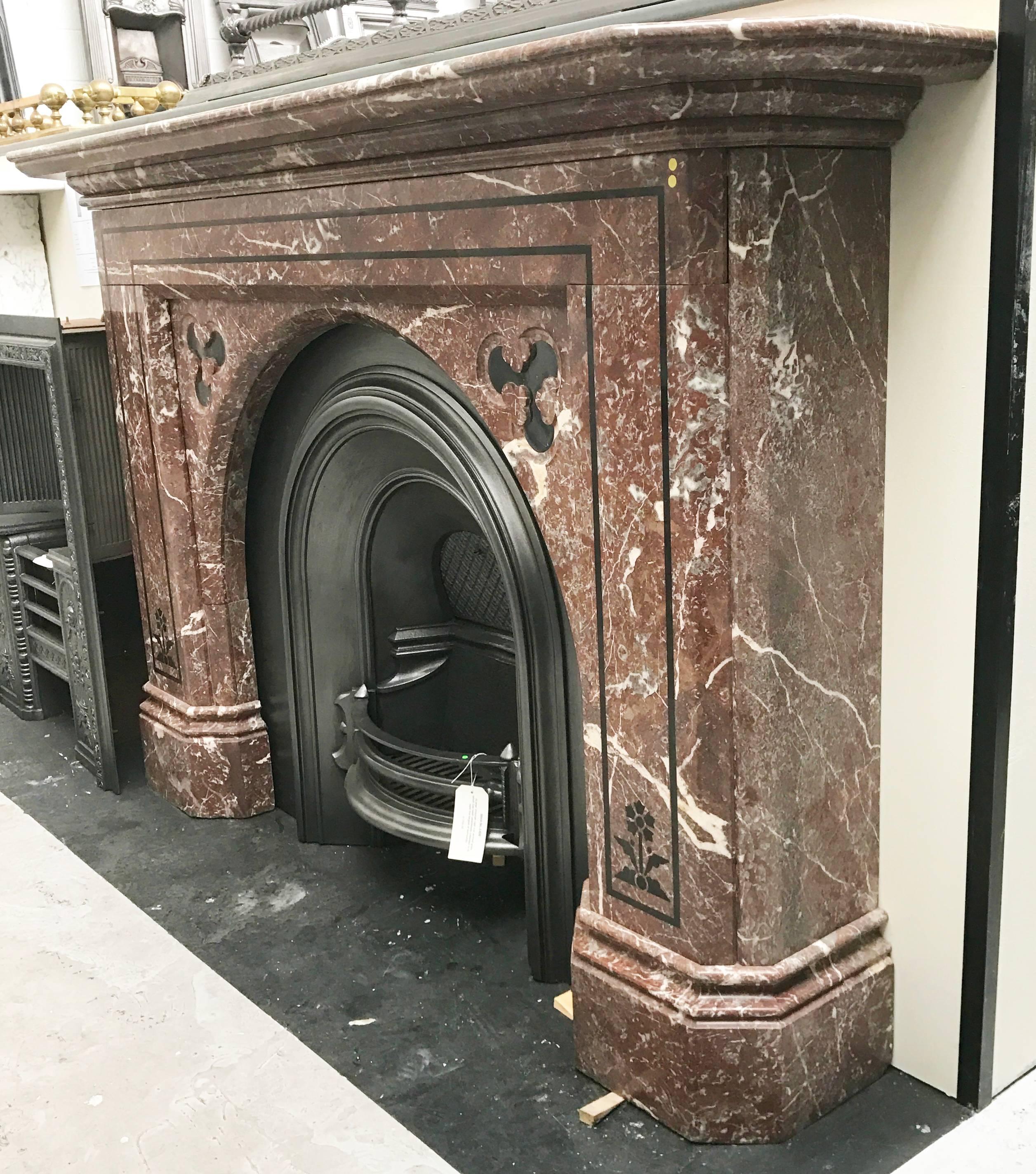 Antique Victorian Rouge Marble Inlaid Fireplace In Excellent Condition In Manchester, GB