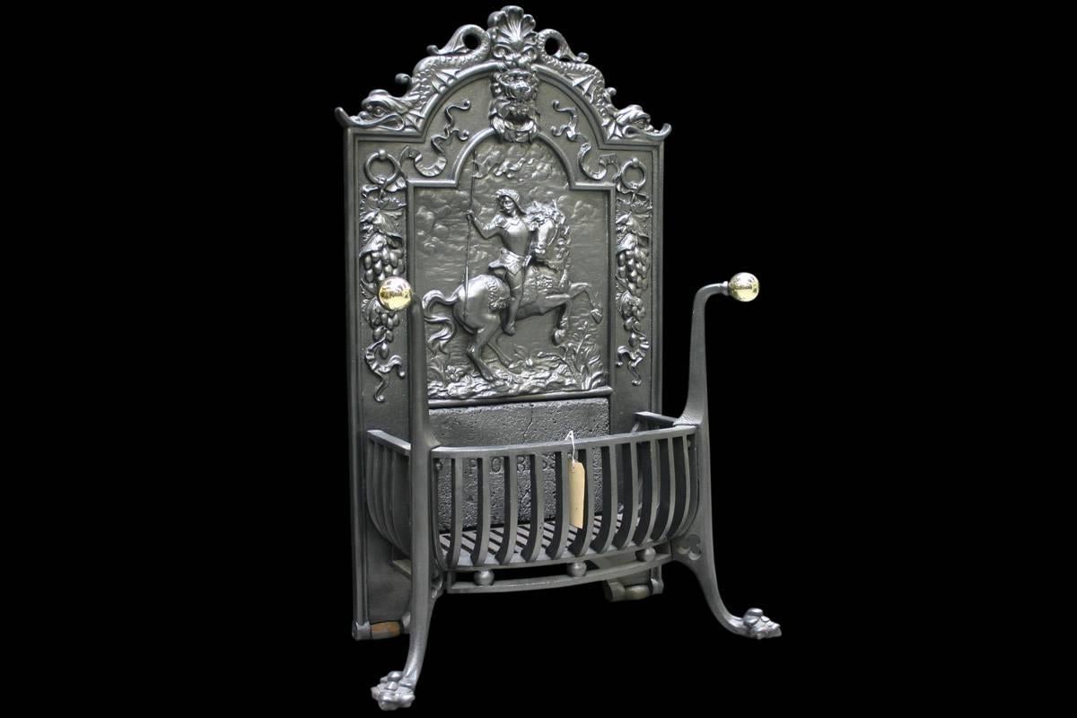 'The Progressio', a good reclaimed antique Victorian cast iron dog grate, the fireback depicting St George.