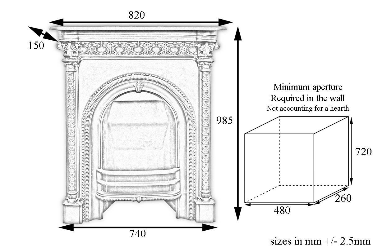 Antique mid-Victorian arched cast iron fireplace, circa 1860.

Supplied with a replacement fireback and bottom grate.
This fireplace has been finished the traditional black grate polish, leaving a gun metal / pewter shine. Alternative finishes