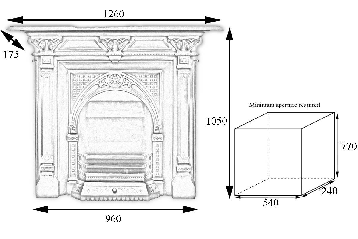 Large Victorian cast iron combination grate decorated in the gothic manner, circa 1880.

Supplied with a replacement fireback and bottom grate.
This fireplace has been finished the traditional black grate polish, leaving a gun metal / pewter