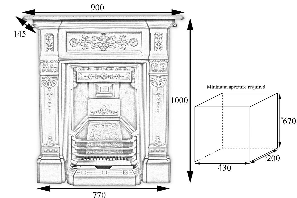 Antique late Victorian cast iron bedroom fireplace of fine quality and casting throughout. Dated 1889.

This fireplace has been finished the traditional black grate polish, leaving a gun metal / pewter shine. Alternative finishes are available,