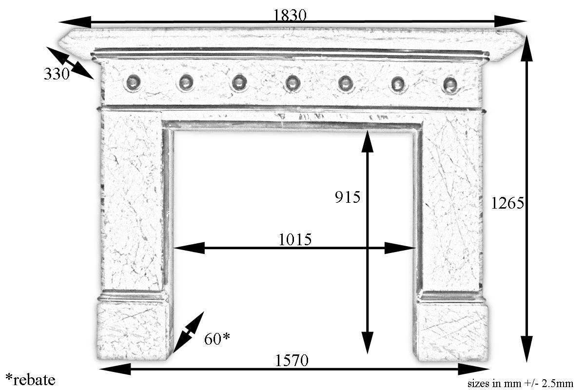 Large late Victorian striated grey marble fire surround. The frieze decorated with seven black marble bosses set into recessed discs. This fireplace also benefits from further balck marble mouldings across the frieze and to the inside returns, circa