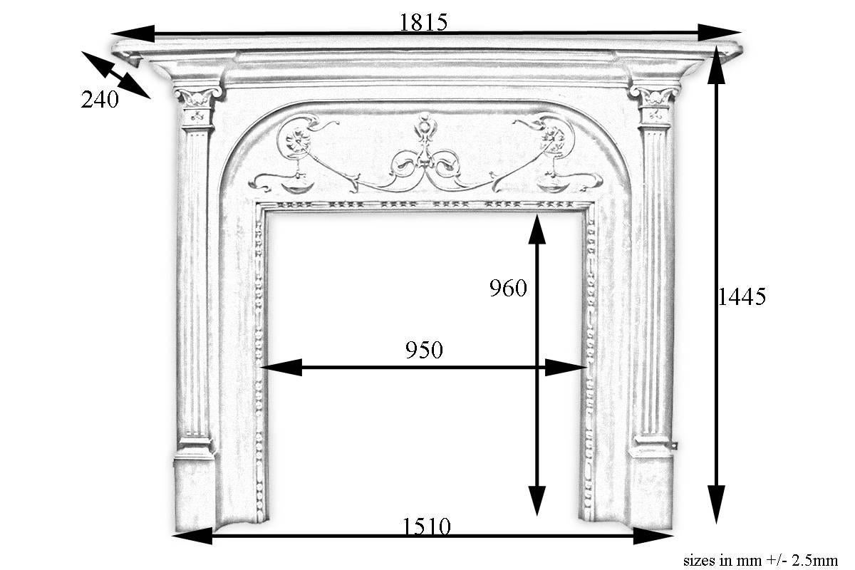 Large antique Edwardian Art Nouveau fireplace surround. Fine fluted legs terminate in ornate capitals flanking a recessed frieze decorated with stylized flowers and flowing tendrils, typical of the Art Nouveau style. Bead and bar decoration surround