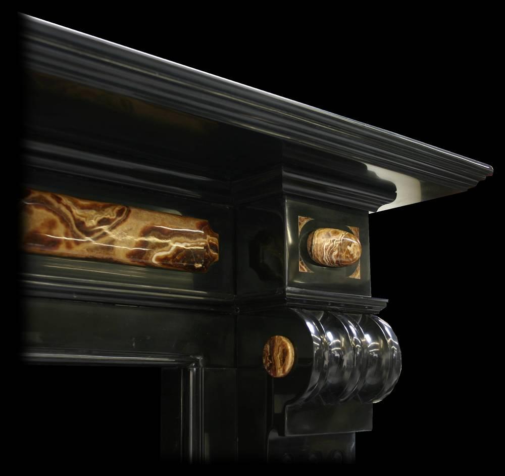 Hand-Carved 19th Century Baroque Belgian Black Marble and Onyx Chimneypiece For Sale