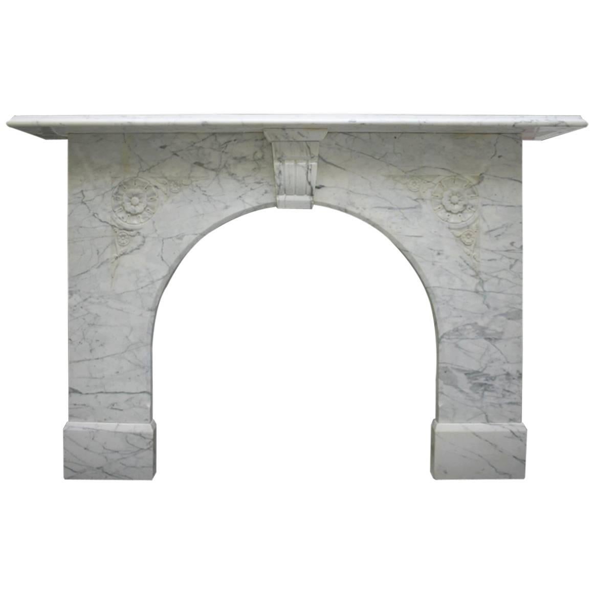 Antique Victorian White Carrara Arched Marble Fireplace Surround