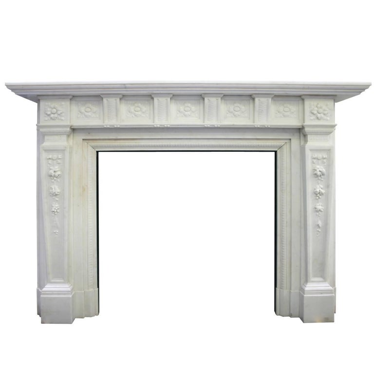 Antique Edwardian Carved Statuary Marble Fireplace Surround For